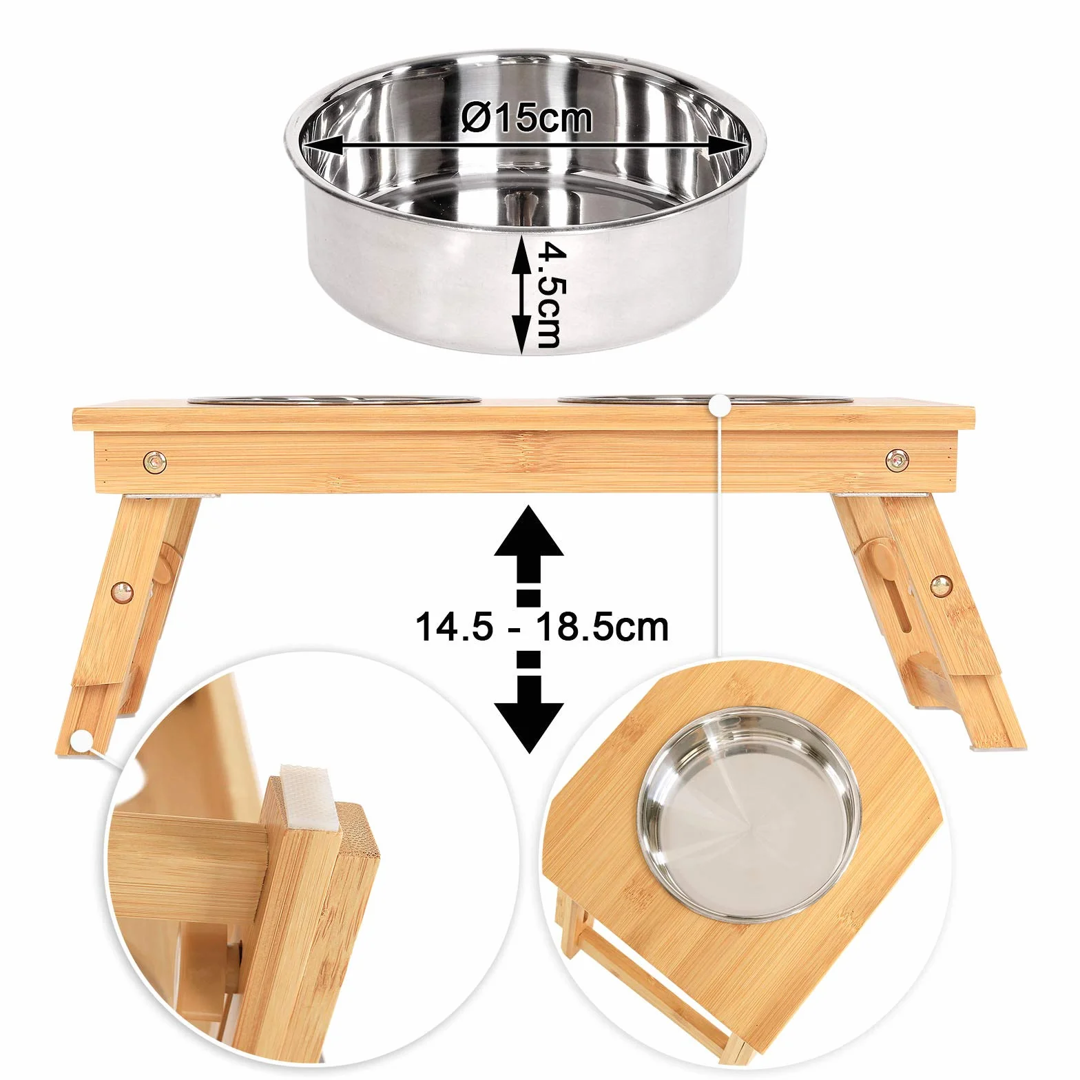 Lionto Regulowana Miska dla Psa z Bambusa 45x23 cm 14,5–18,5 cm 2 Stalowe Miski Ø15 cm 700 ml Podwójna Miska dla Psów i Kotów