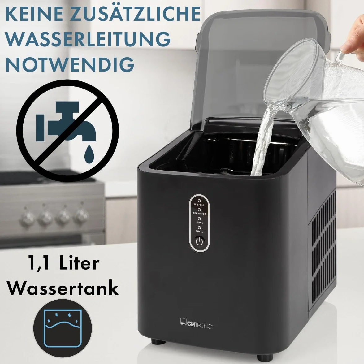 Clatronic® EWB 3798 Ice Cube Machine Fast Production - Ice Cube in 10 Minutes | Up to 10 kg of Ice in 24 Hours | Ice Cube Machine with 2 Ice Cube Sizes and 1.1 L Water Tank | Includes Ice Scoop