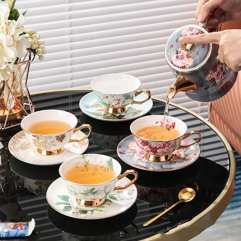 Klasyczny różany kubek do kawy kości porcelanowy czajniczek zestaw filiżanek popołudniowa herbata zestaw