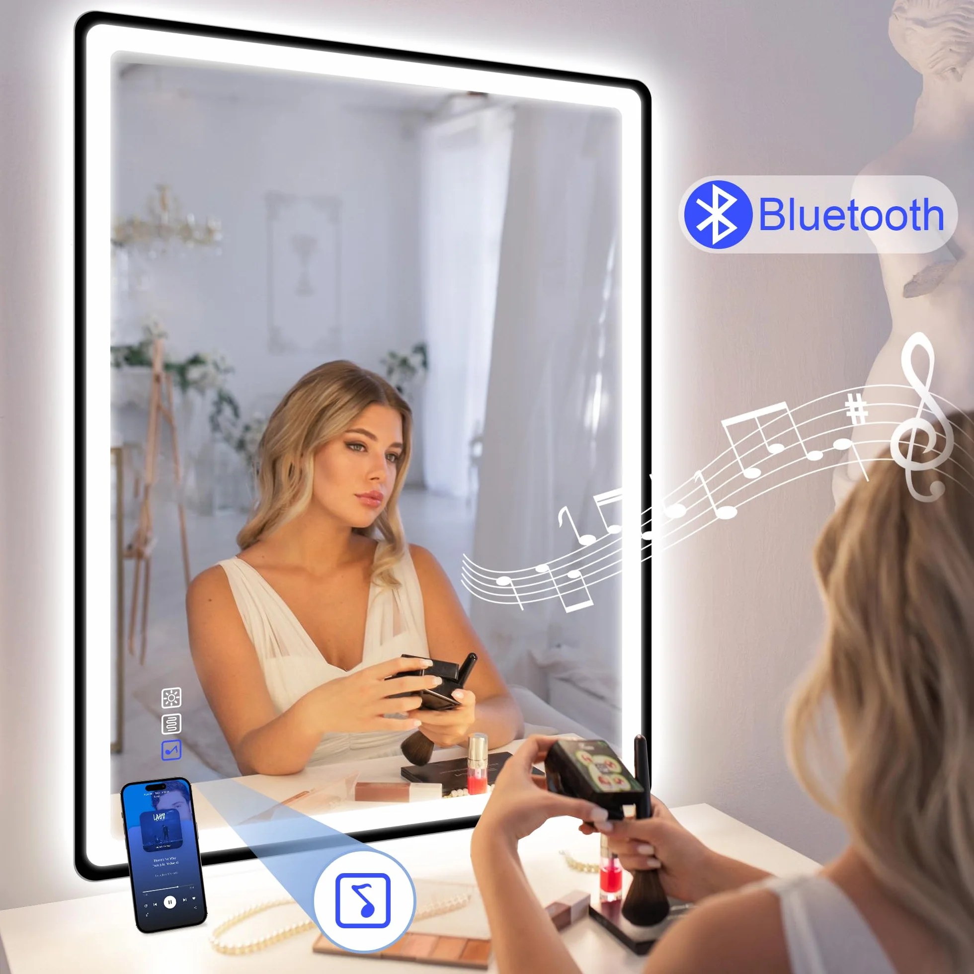 STARLEAD Czarne lustro łazienkowe LED, 70 x 100 cm, z oświetleniem i Bluetooth, odparowywanie, możliwość ściemniania, 3 kolory światła, szkło hartowane HD, wodoszczelność IP44, poziomo/pionowo