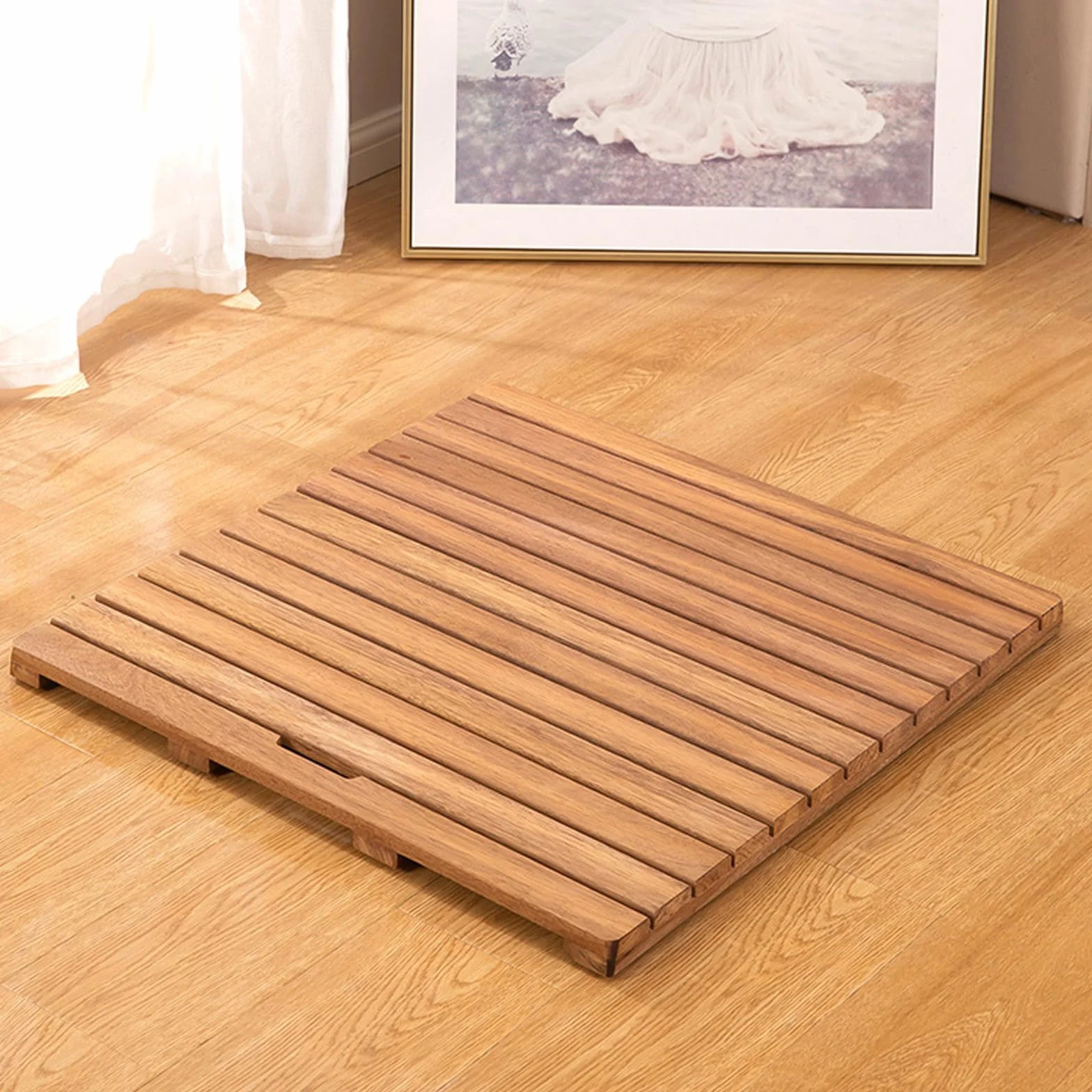 Konfigurowalna bambusowa mata łazienkowa, antypoślizgowa mata podłogowa pod prysznic, platforma prysznicowa z litego drewna, z uchwytem, antypoślizgowe nóżki (50 x 45 cm/20 x 18 cali)