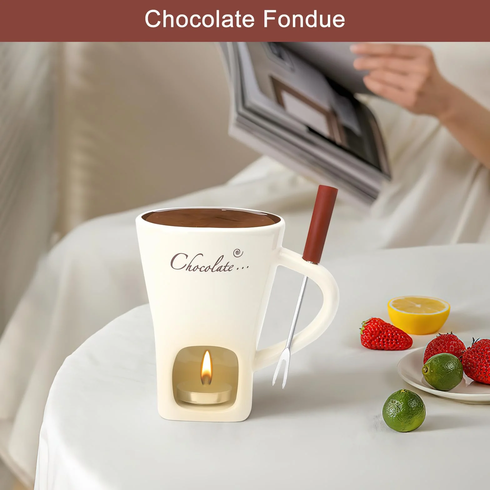 Filiżanka do fondue czekoladowego, ceramiczna, 130 ml, z uchwytem na podgrzewacze i widelcami, czekoladowe fondue, zestaw do fondue, czekolady, fondue, czekolady, fondue, zestaw do topienia czekolady