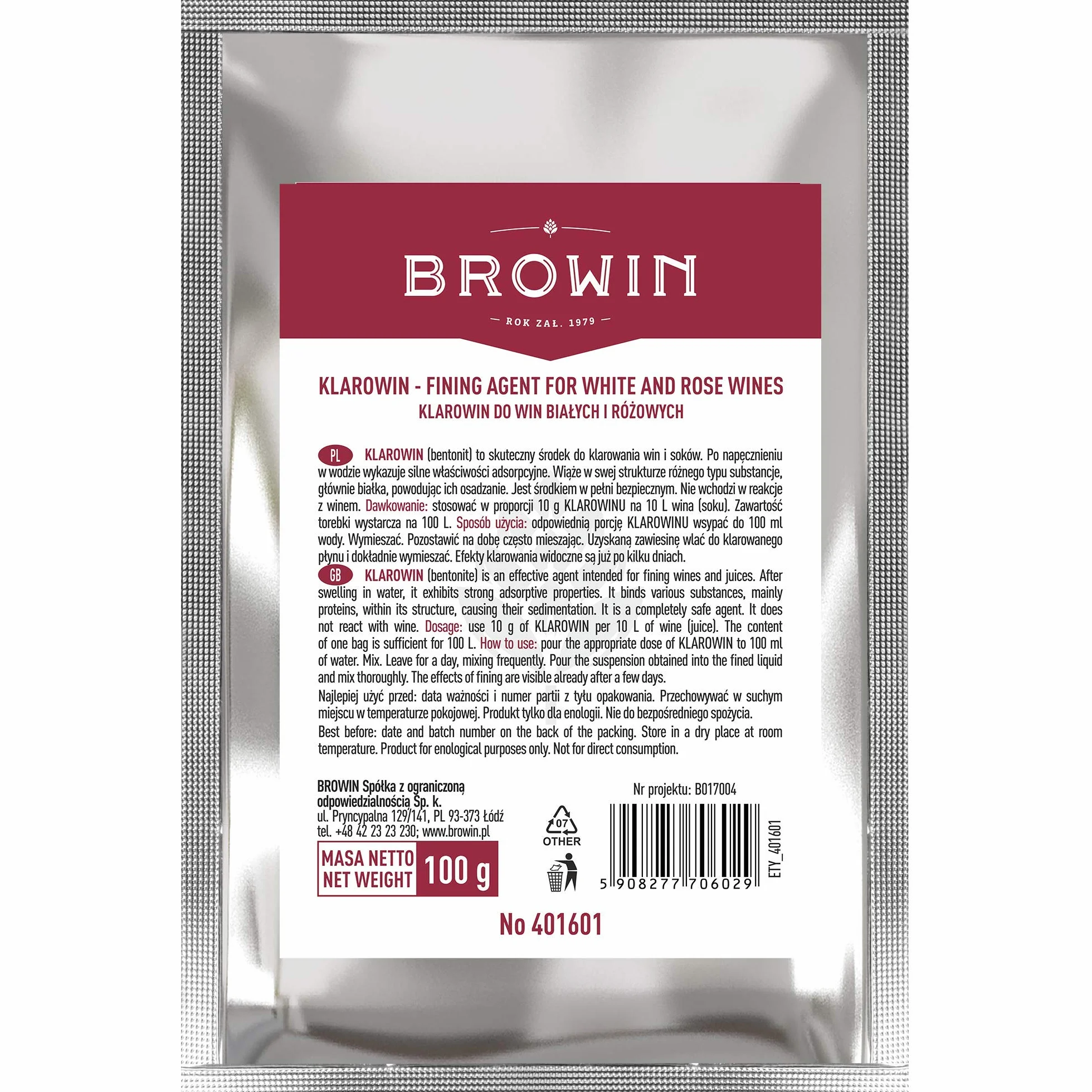Browin 401601 Klarowin - środek klarujący, do win i soków, 100 g, na 100 L