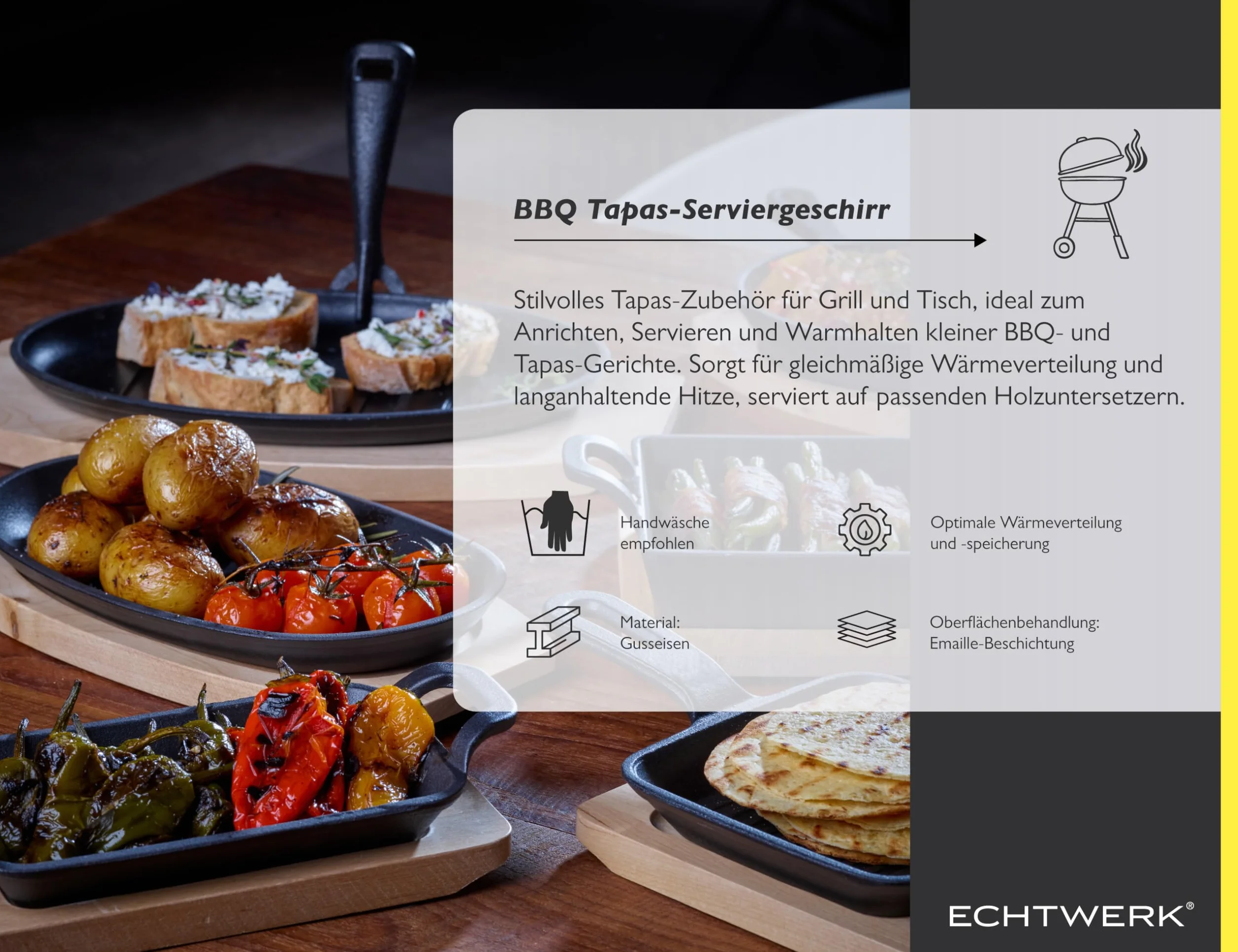 ECHTWERK Zestaw 4 żeliwnych patelni do serwowania, Mała patelnia grillowa z deską do serwowania, Zdejmowany uchwyt, Już upieczona, Nadaje się do piekarników, grilli, grillów i indukcji, Ø 24 x 14 cm
