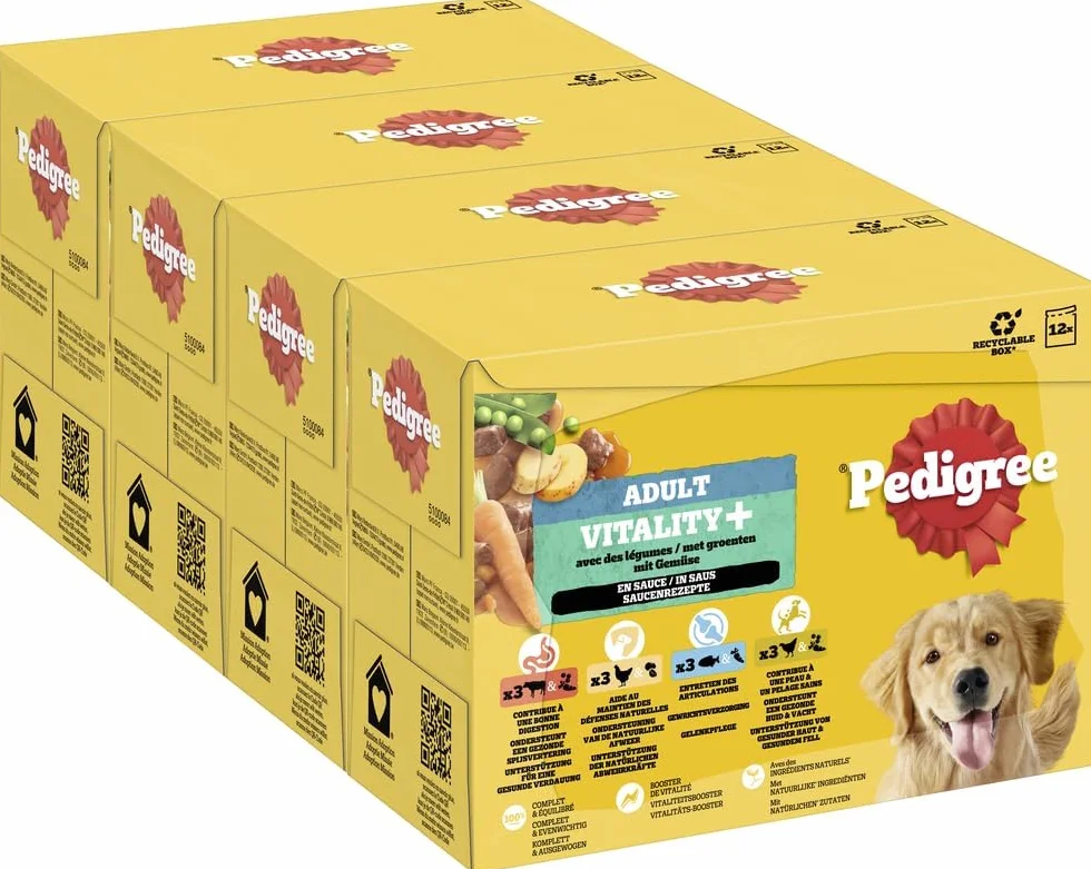 PEDIGREE DOGCARE Vitality+ Chunks karma dla psów, worek porcjowany w sosie, 4 x 12 x 85 g