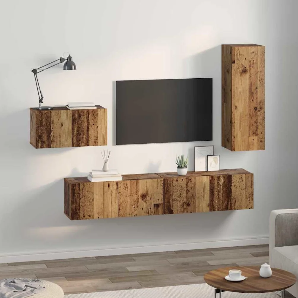 4-częściowy zestaw szafek pod telewizor, stare drewno, 30,5 x 30 x 90 cm, materiał drewnopochodny, wisząca, nowoczesny design, konsola do salonu, oszczędność miejsca