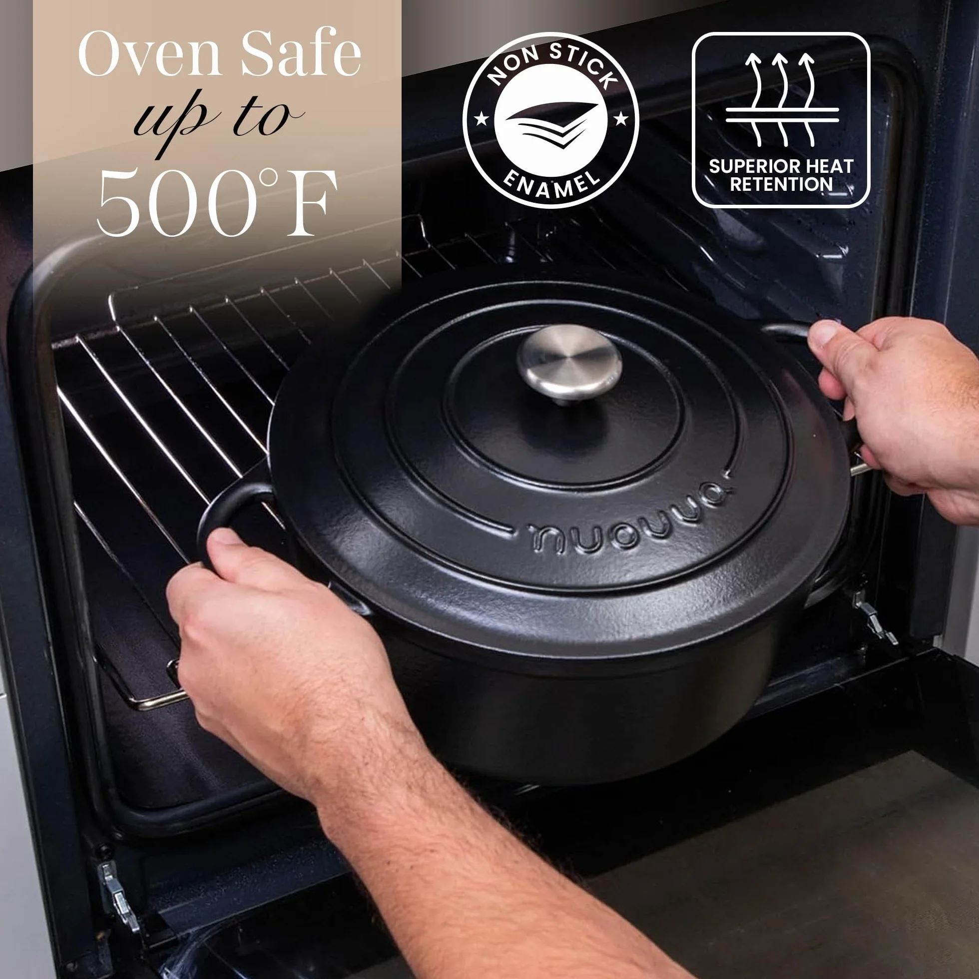Garnki z Żeliwa z Pokrywką – Emaliowane, Nieprzywierające, Odporny na Piekarnik do 500° F – Solidne Garnki Holenderskie – Czarny, 7.3 Quart, 30cm – od Nuovva