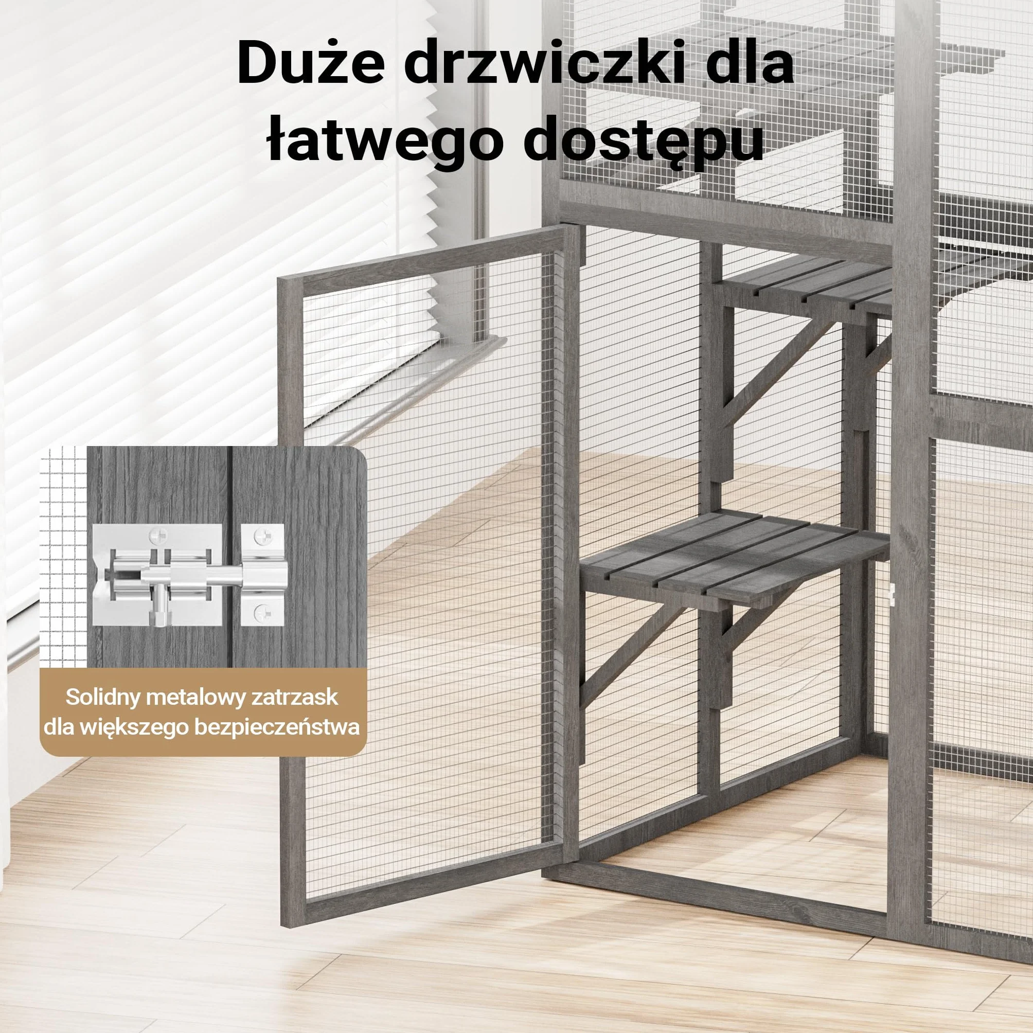 Wiltec Woliera dla kota 116 x 82 x 175,7 cm, z drewna i powłoką PVC na balkon i do ogrodu, 5 poziomów, legowisko i 2 drewniane boksy