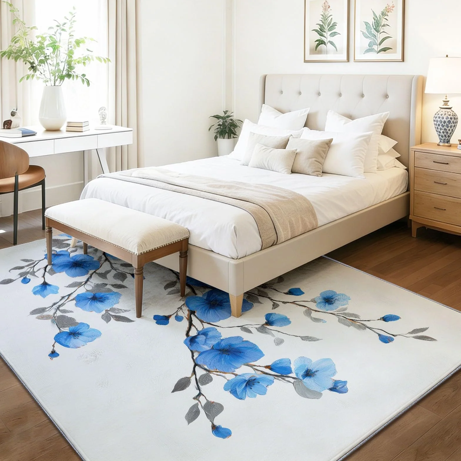 Tradycyjny dywan do salonu, 80 x 150 cm, można prać w pralce, antypoślizgowy, niebieskie gałęzie kwiatów, dywany do sypialni, jadalni, biura, odporny na plamy dywan z nadrukiem, do wewnątrz, domu
