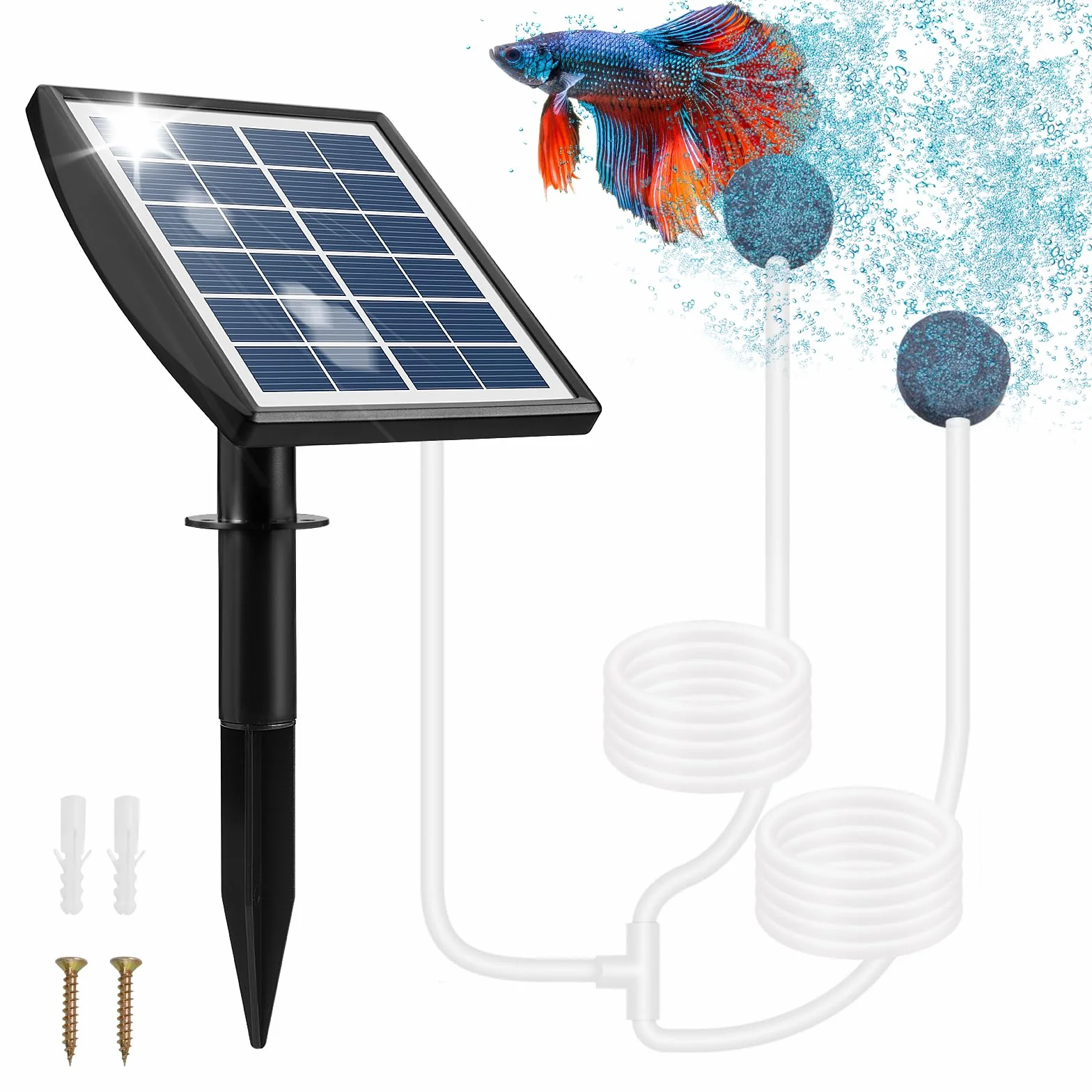 Weinsamkeit Napowietrzacz do stawu, solarna pompa tlenowa 2 W, z akumulatorem 2200 mAh, pompa powietrza do stawu z rurą tlenową i kamieniem bąbelkowym, pompa powietrza do akwarium