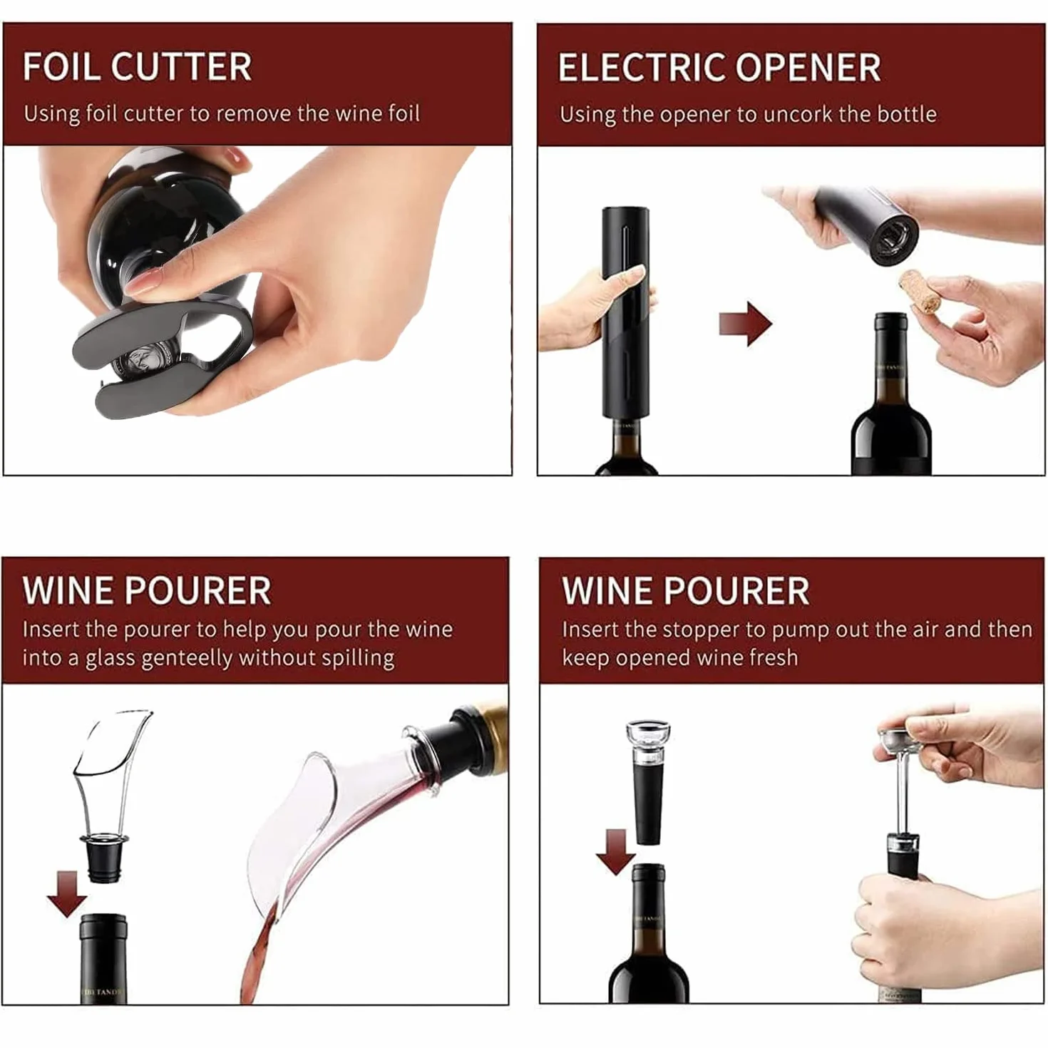 Elektryczny korkociąg do wina, pudełko prezentowe 6 w 1 Elektryczny otwieracz do butelek wina z obcinaczem do folii, korkiem próżniowym i nalewakiem do wina, akumulator USB