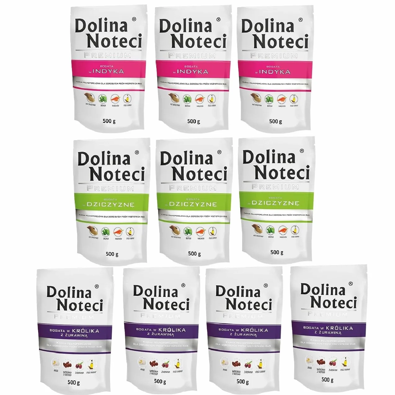 Dolina Noteci mokra karma dla psa w saszetkach mix smaków królik, dziczyzna i indyk 10x500g