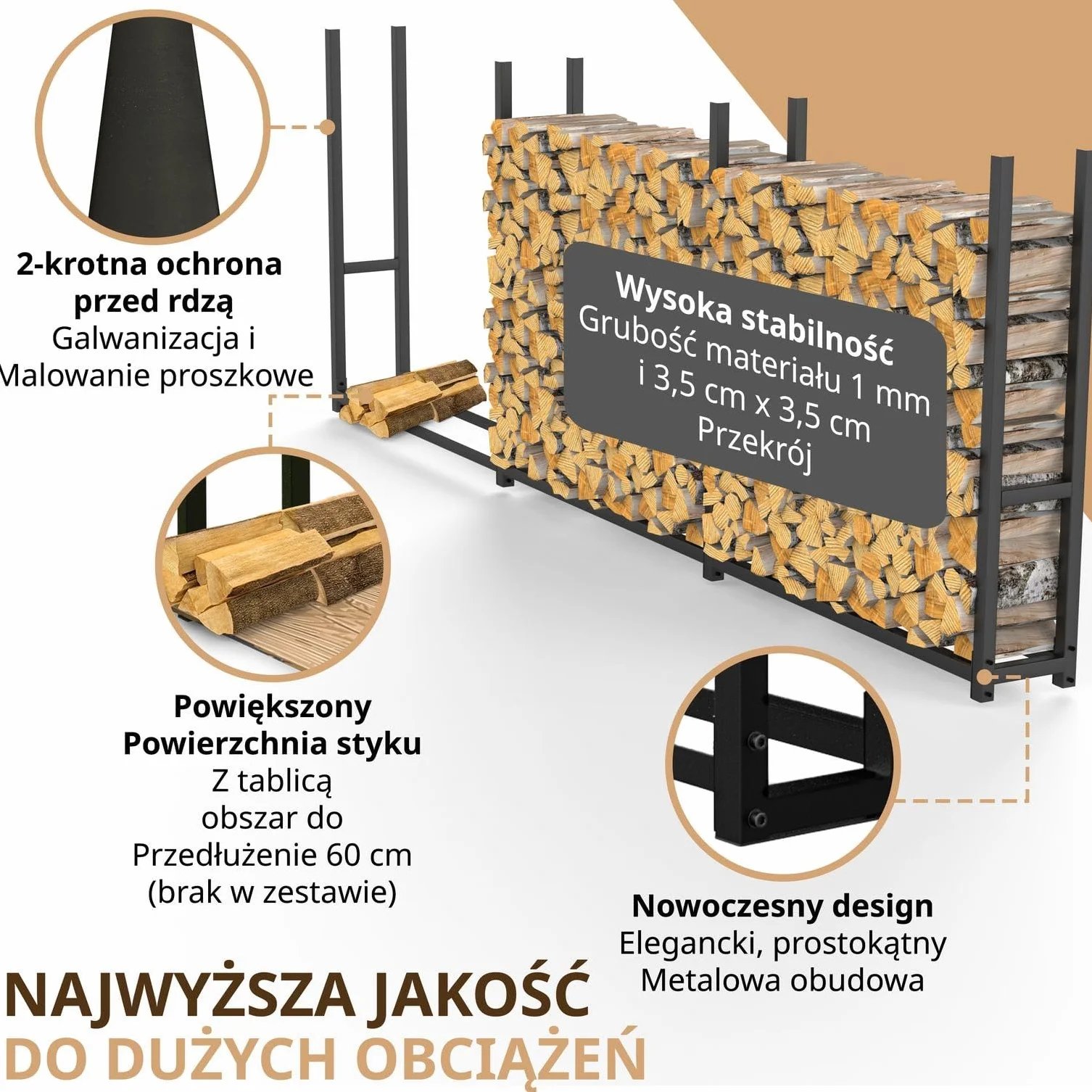 Regał na drewno opałowe, zewnętrzny, wąski, 25 cm, ocynkowany, 335 x 25 x 115 cm, metalowy regał na drewno opałowe, długość 25 cm i 33 cm, kolor czarny, XXL, stojak do