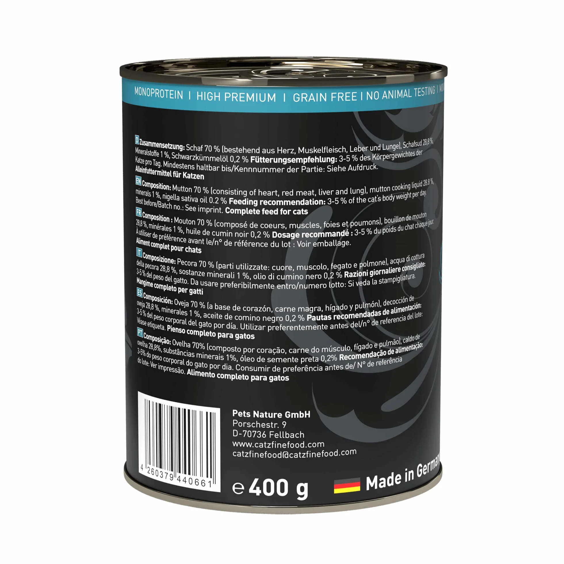 catz finefood Purrrr Monoprotein karma dla kotów mokra nr 113, dla kotów wrażliwych na odżywianie, 70% zawartości mięsa, puszka 6 x 400 g