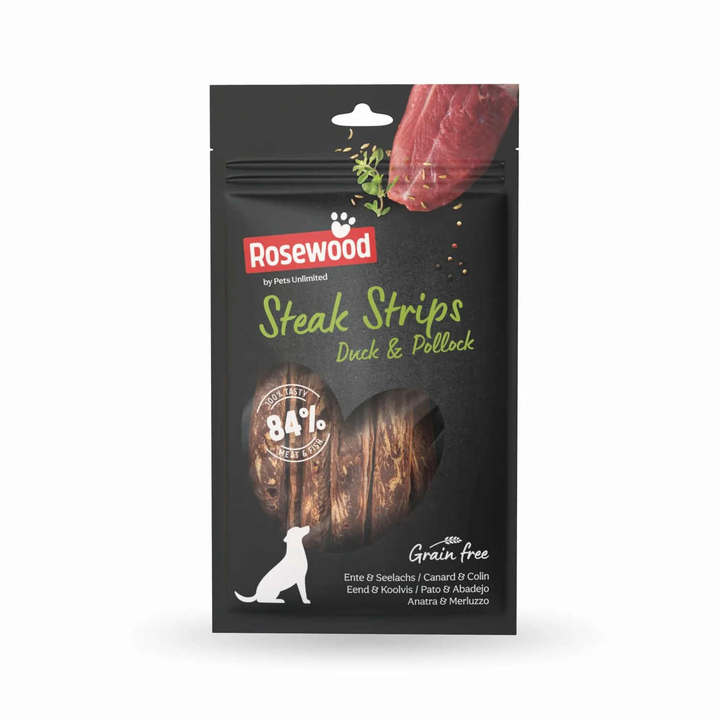 Rosewood Steak Strips Canard & Colin - Delikatny przysmak dla psów, bogate w mięso i ryby, o niskiej zawartości tłuszczu, bez zbóż i glutenu, bez sztucznych dodatków, 100 g