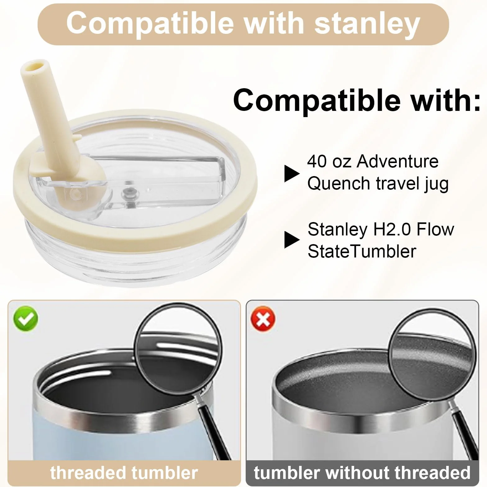 Zamienne pokrywki 40 uncji do Stanley Cup - kompatybilne z Quencher H2.0 FlowState, zapobiegające wyciekom i kurzowi, w zestawie 2 słomki, pokrywka wielokrotnego użytku (beżowa)