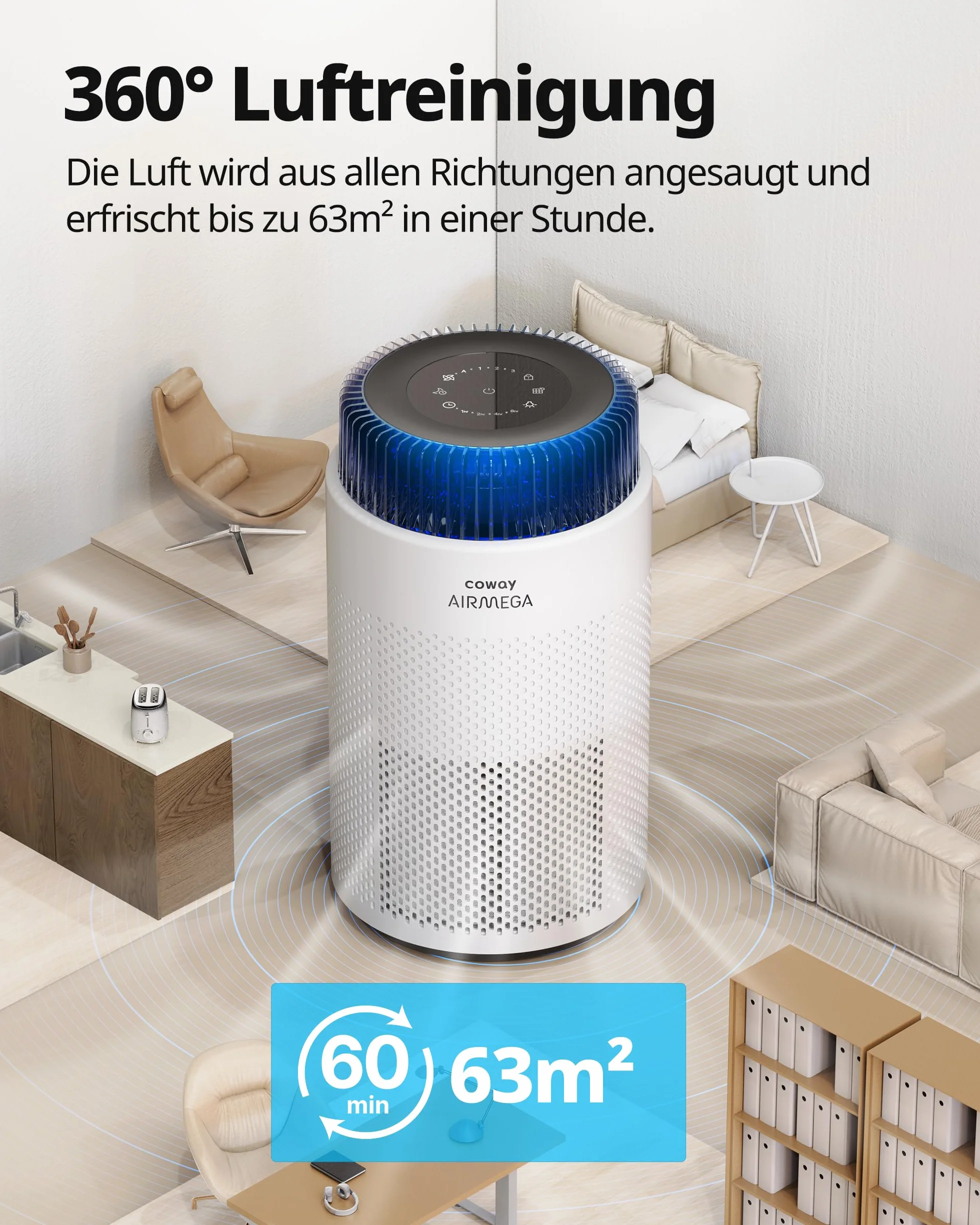 Coway Oczyszczacz Powietrza HEPA do Sypialni i Salonu, CADR 244 m³/h, Usuwa 99,999% cząstek do 0,01 µm, Tryb Cichy 20 dB, Alergia, Kurz, Pyłki, Dym, Pleśń – Airmega 100