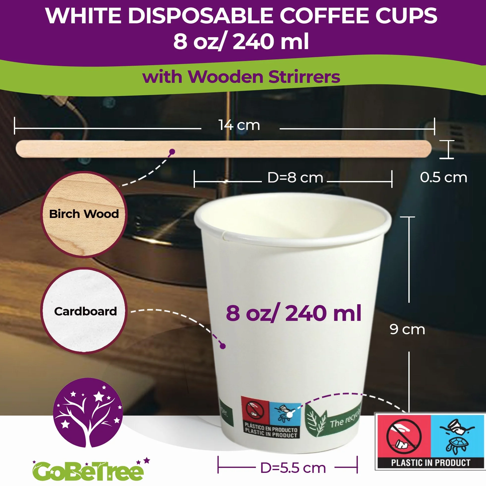 GoBeTree 200 szt. jednorazowych kubków do kawy 240 ml / 8 uncji, jednorazowe białe kartonowe kubki papierowe z drewnianymi paletami do kawy, zimne i gorące napoje.