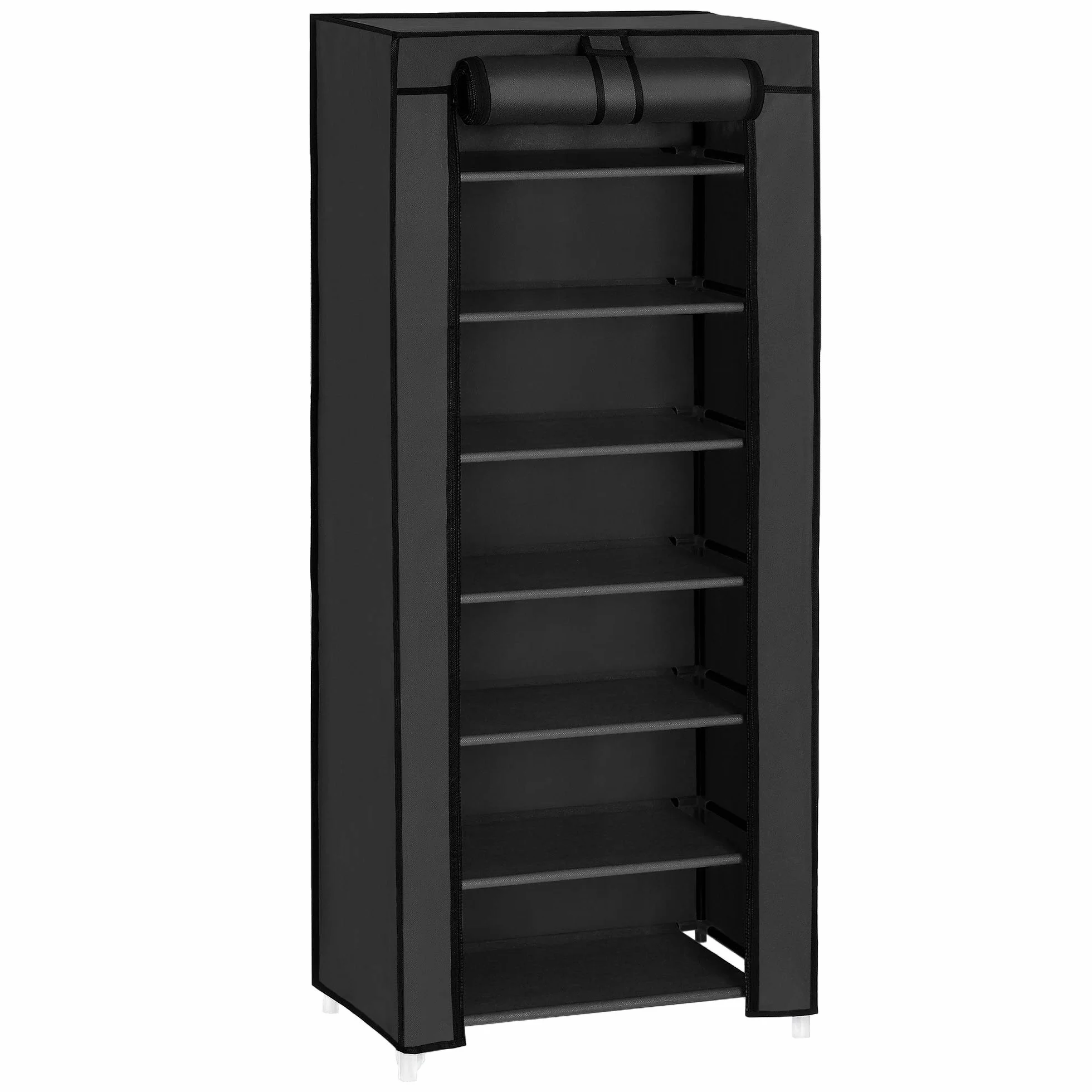 SONGMICS RXJ024B02V1 Regał na buty, szafka na buty, 7 poziomów, z obiciem z materiału, pojemna, szafka z materiału, przechowywanie butów, 46 x 28 x 126 cm (dł. x szer. x wys.), czarny