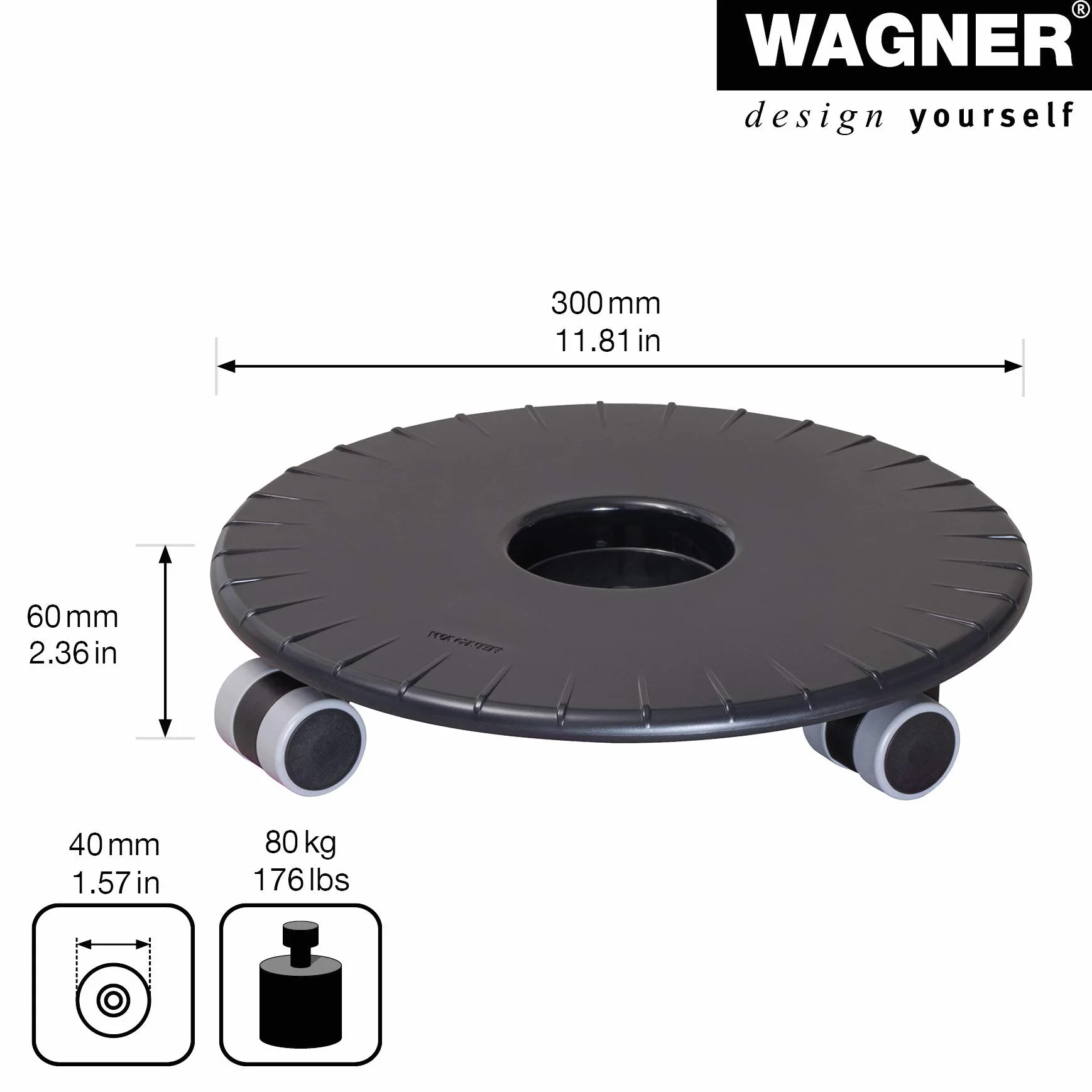 WAGNER Flat 20044901 wózek na rośliny Ø 30 x 6 cm, do użytku w pomieszczeniach, czarny I płaska rolka z tworzywa sztucznego ABS, odporna na działanie wody, udźwig 80 kg