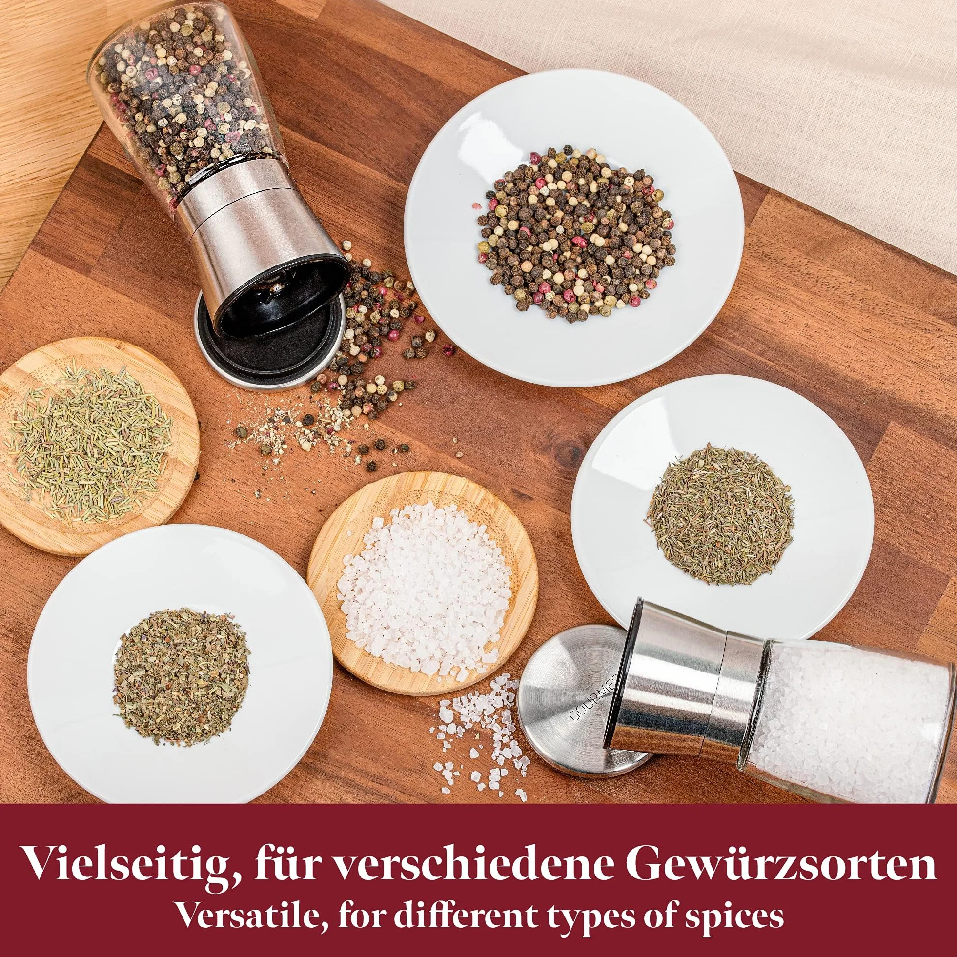 Zestaw 2 młynków do przypraw z regulowanym ceramicznym mechanizmem mielącym – szlachetne młynki do soli i pieprzu z wysokiej jakości stali nierdzewnej – do różnych przypraw