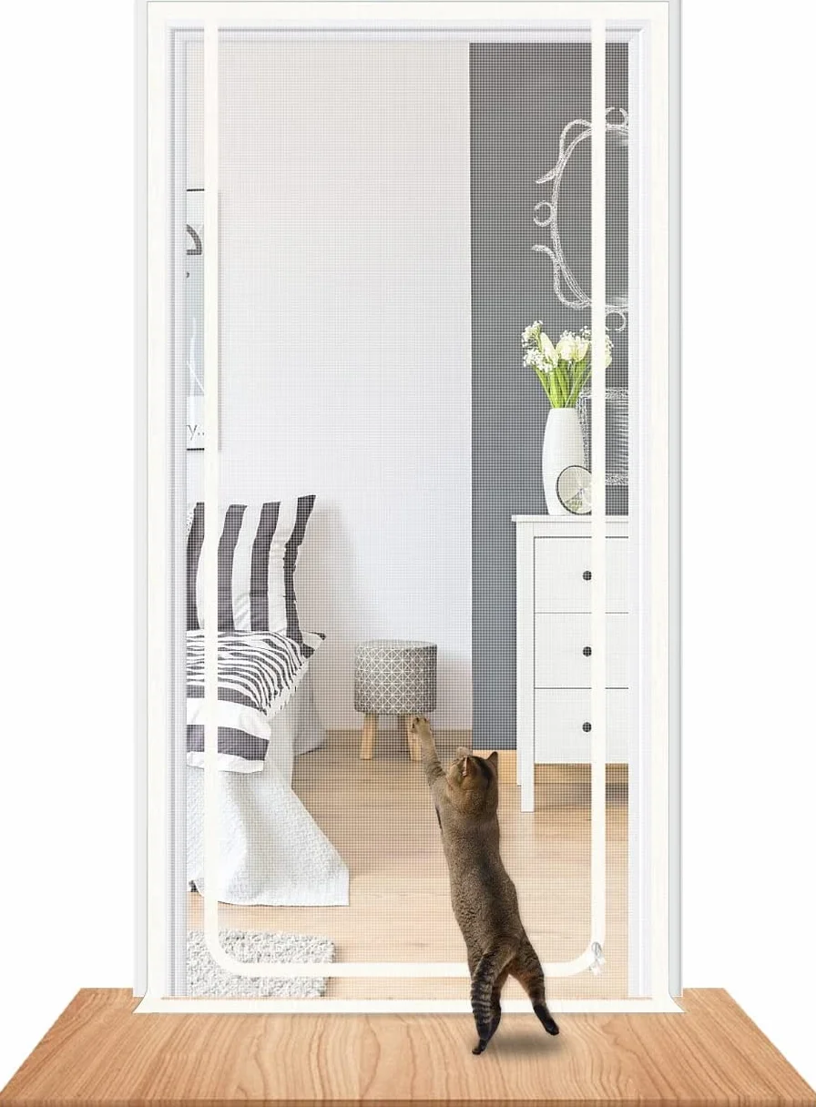 Kratka dla kot na drzwi zapobiega uciekaniu, ekran izolacyjny do wprowadzania nowych kotów, do drzwi 90 cm x 210 cm, biały