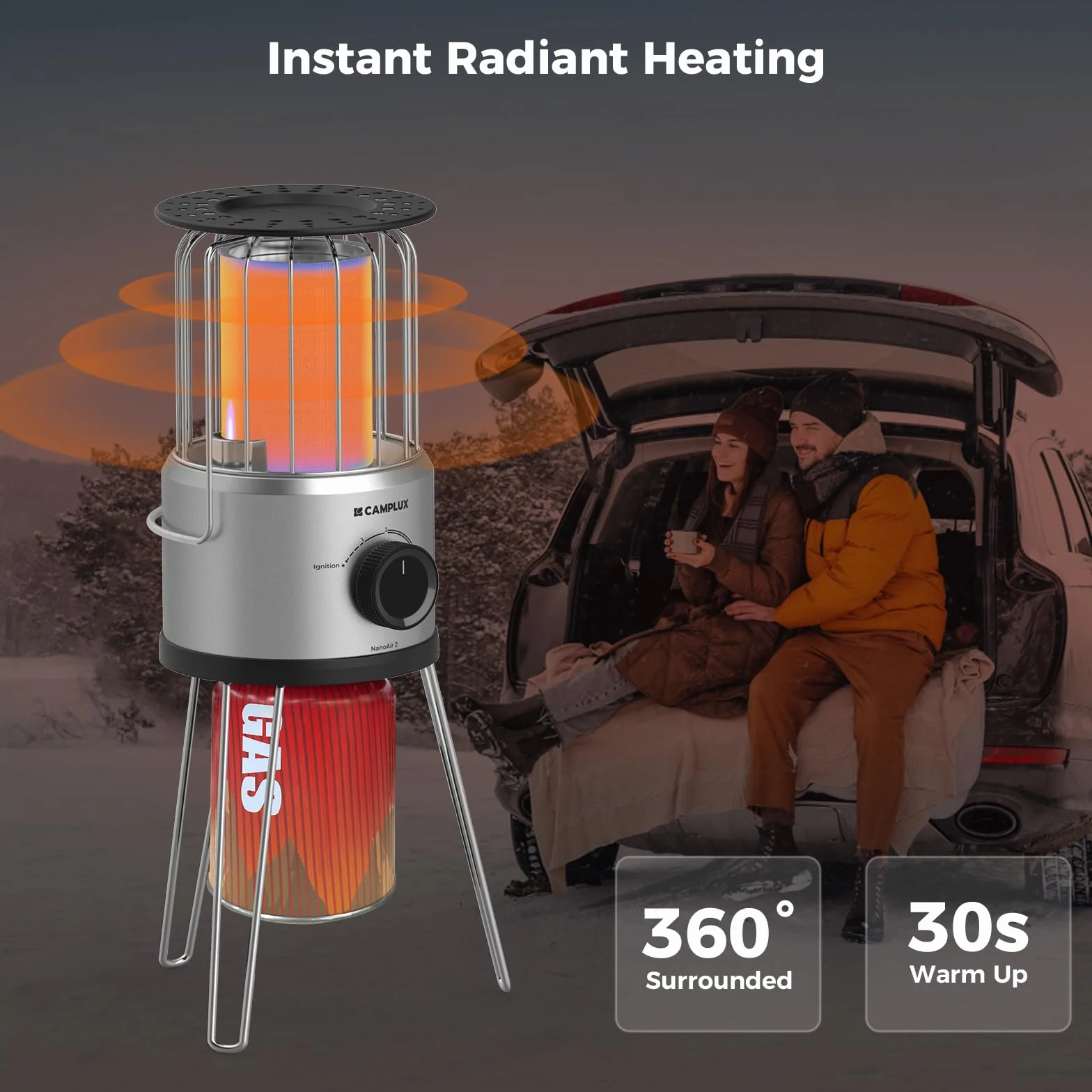 CAMPLUX Nano Przenośny Ogrzewacz Gazowy, 2,34 kW, 2 Poziomy, Ogrzewanie 360° na Zewnątrz, Ochrona ODS & Przed Przewróceniem, Idealny do Kempingu, Wędkarstwa & Ogrodu, NanoAir 2