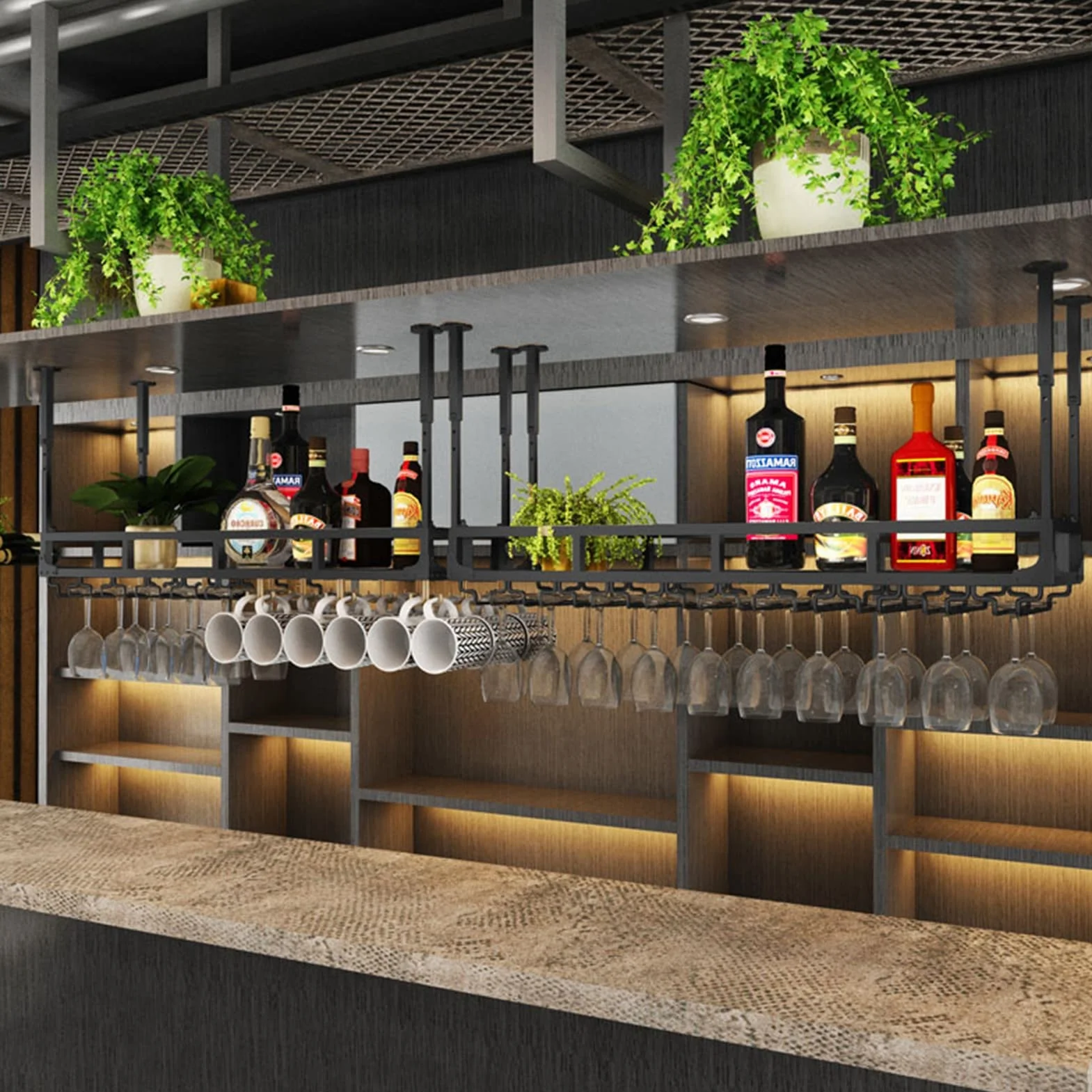 Wiszący barek sufitowy Stojak na wino, bar, restauracja, uchwyt na butelkę wina, wiszące w domu kieliszki Stojaki na kieliszki do szampana Sufit podwieszany Czarna ramka Duża półka do przech