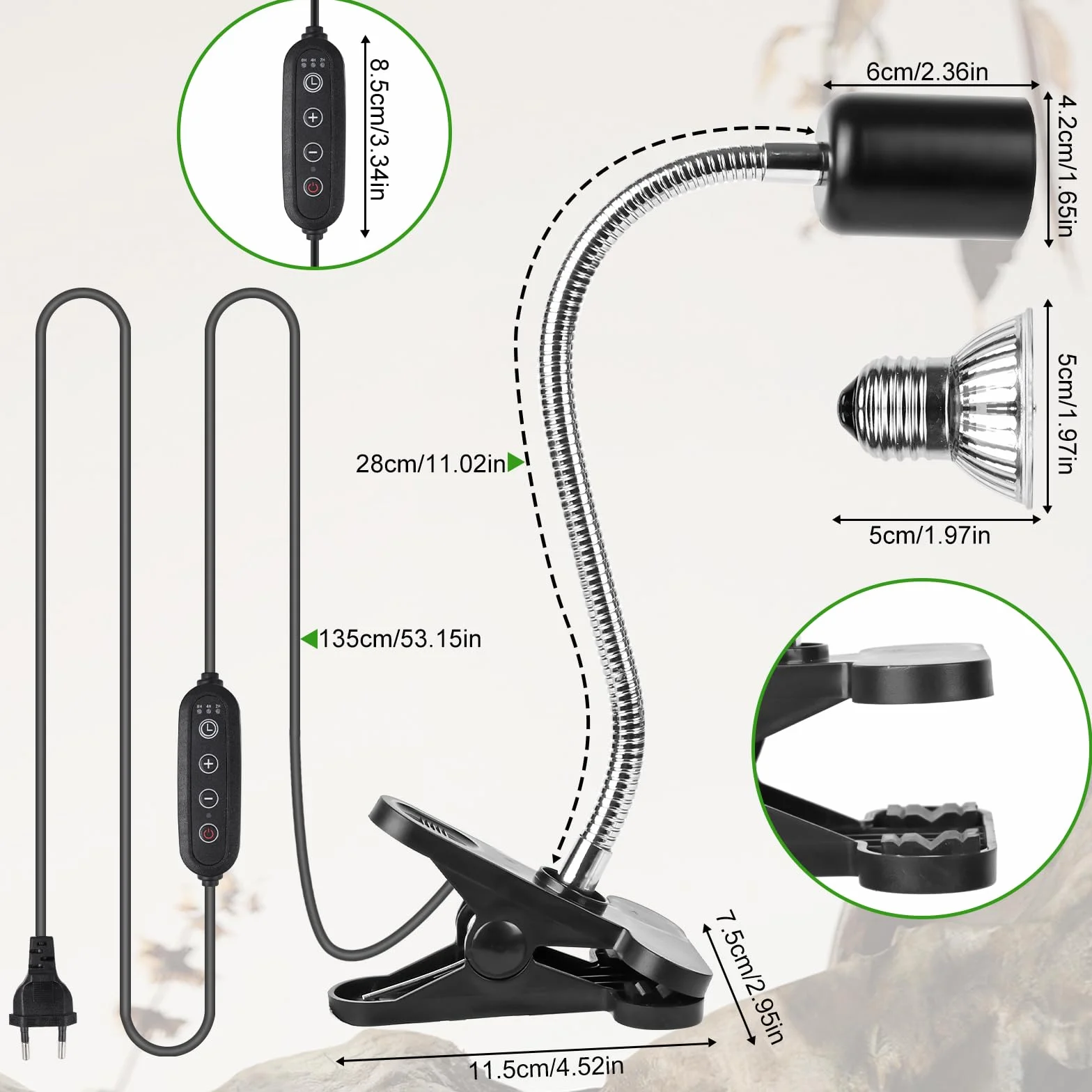 Weinsamkeit Lampa grzewcza dla gadów UVA UVB 360° z wężem i zegarem 2 żarówki