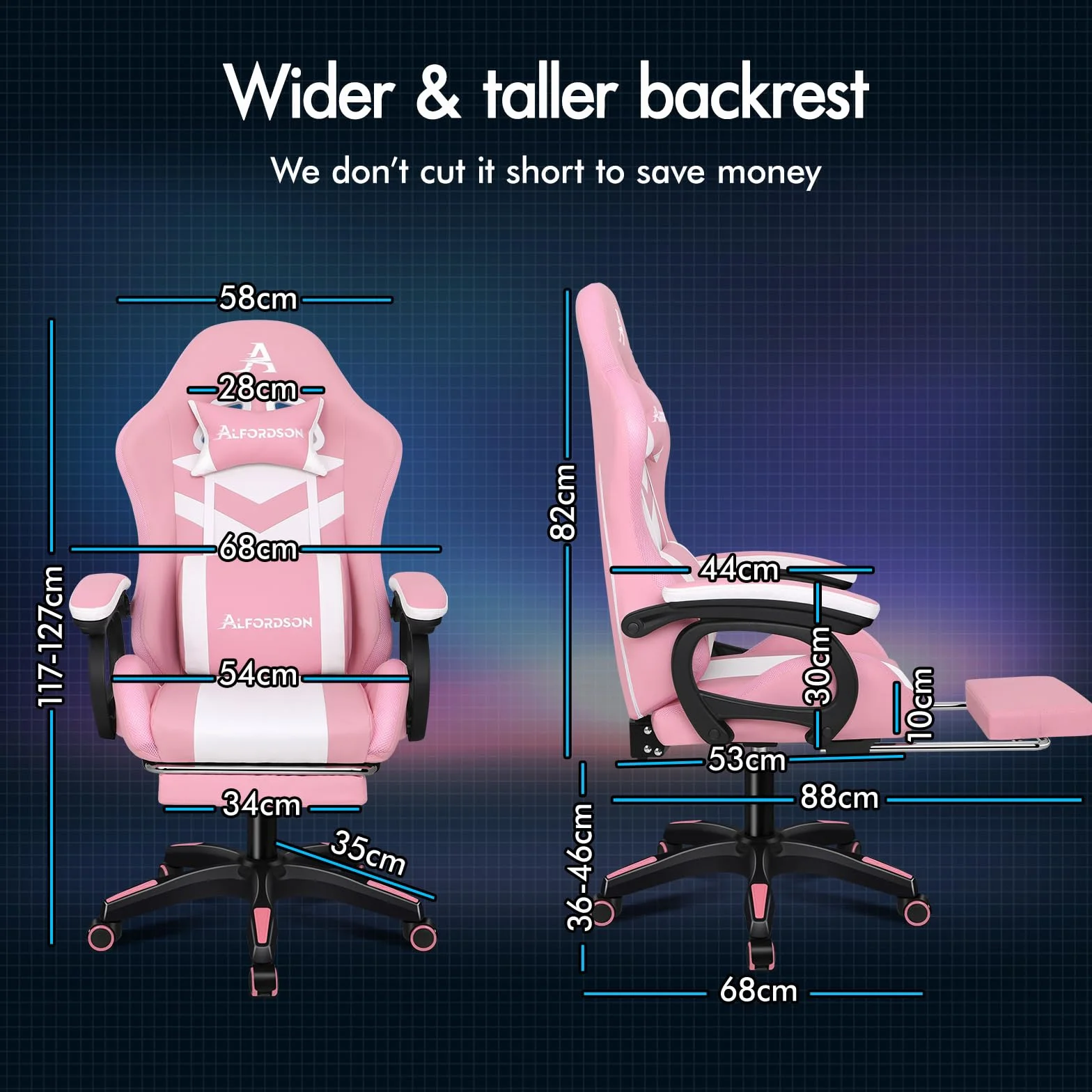 ALFORDSON Ergonomiczne krzesło do gier, krzesła do gier z podparciem lędźwiowym, zagłówek, krzesło do gier z regulacją wysokości, biurowe krzesło komputerowe dla dorosłych, dziewczynek i chłopców