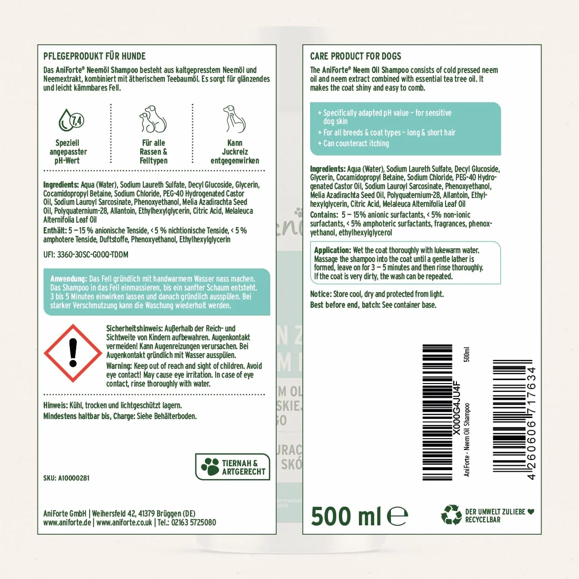 AniForte Neemoil szampon dla psów 500 ml przeciw swędzeniu, roztoczom, pchłom, kleszczom