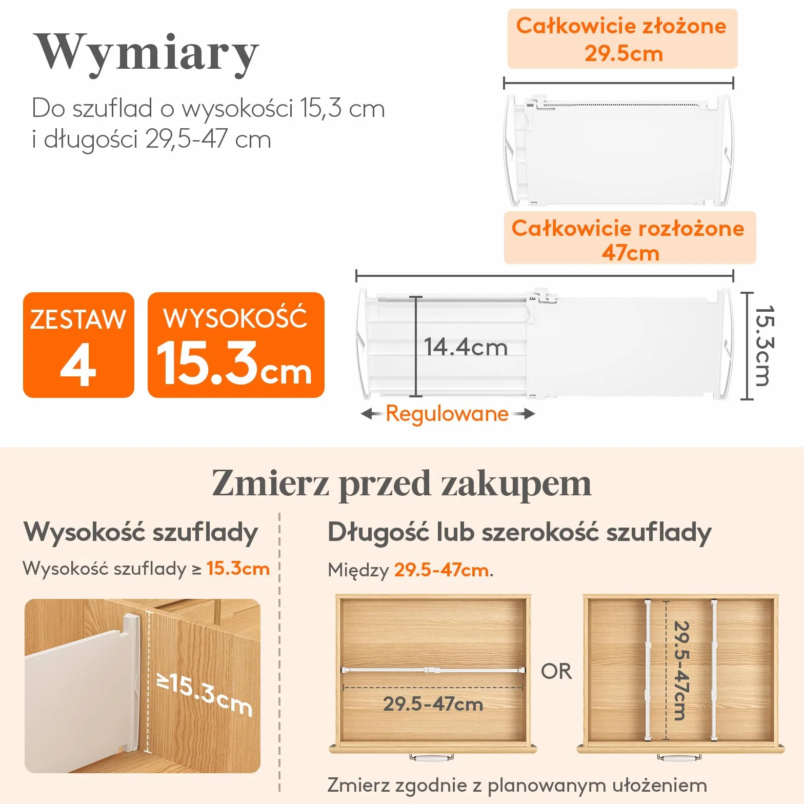 Lifewit 4-pakt głębokich przegród szufladowych o wysokości 15,2 cm, 29,2-47 cm rozszerzalne przegródki na ubrania do szuflad, regulowane organizery do szuflad komody, białe separatory szufladowe do