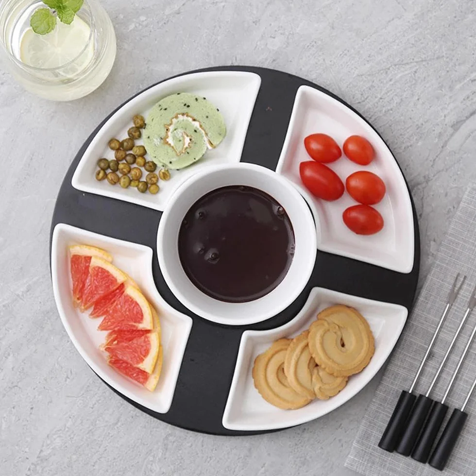 Ceramiczny zestaw do fondue czekoladowego, 300 ml, czekoladowe fondue z 4 talerzami ceramicznymi i 4 widelcami, do sera, fondue, rodzinnych obiadów, deserów, pikników, biały