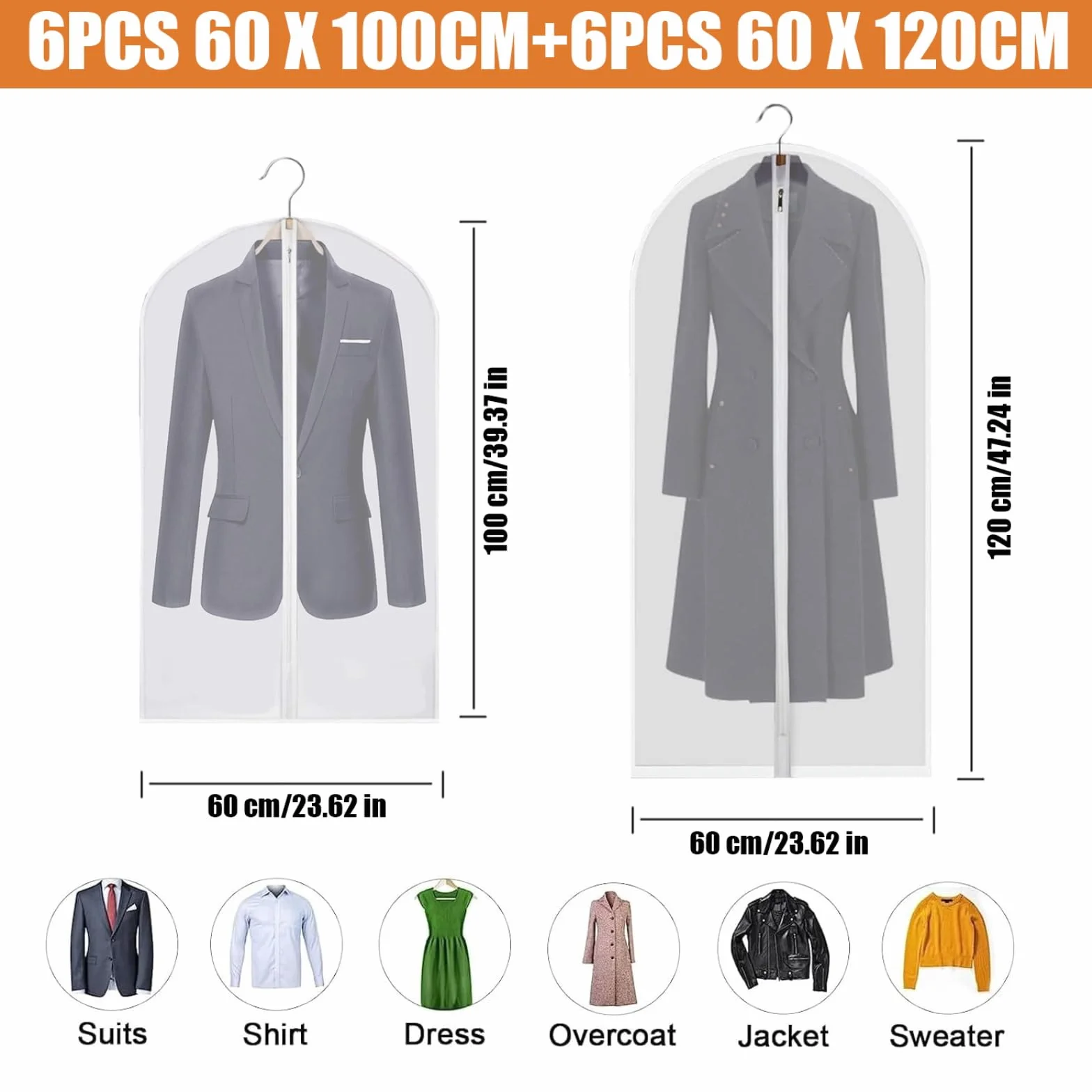 12 sztuk worków na ubrania z zamkiem błyskawicznym, 60 x 120/100 cm, przezroczyste pokrowce na ubrania, pokrowce na ubrania, odporne na mole, do garniturów, płaszczy, sukni wieczorowych