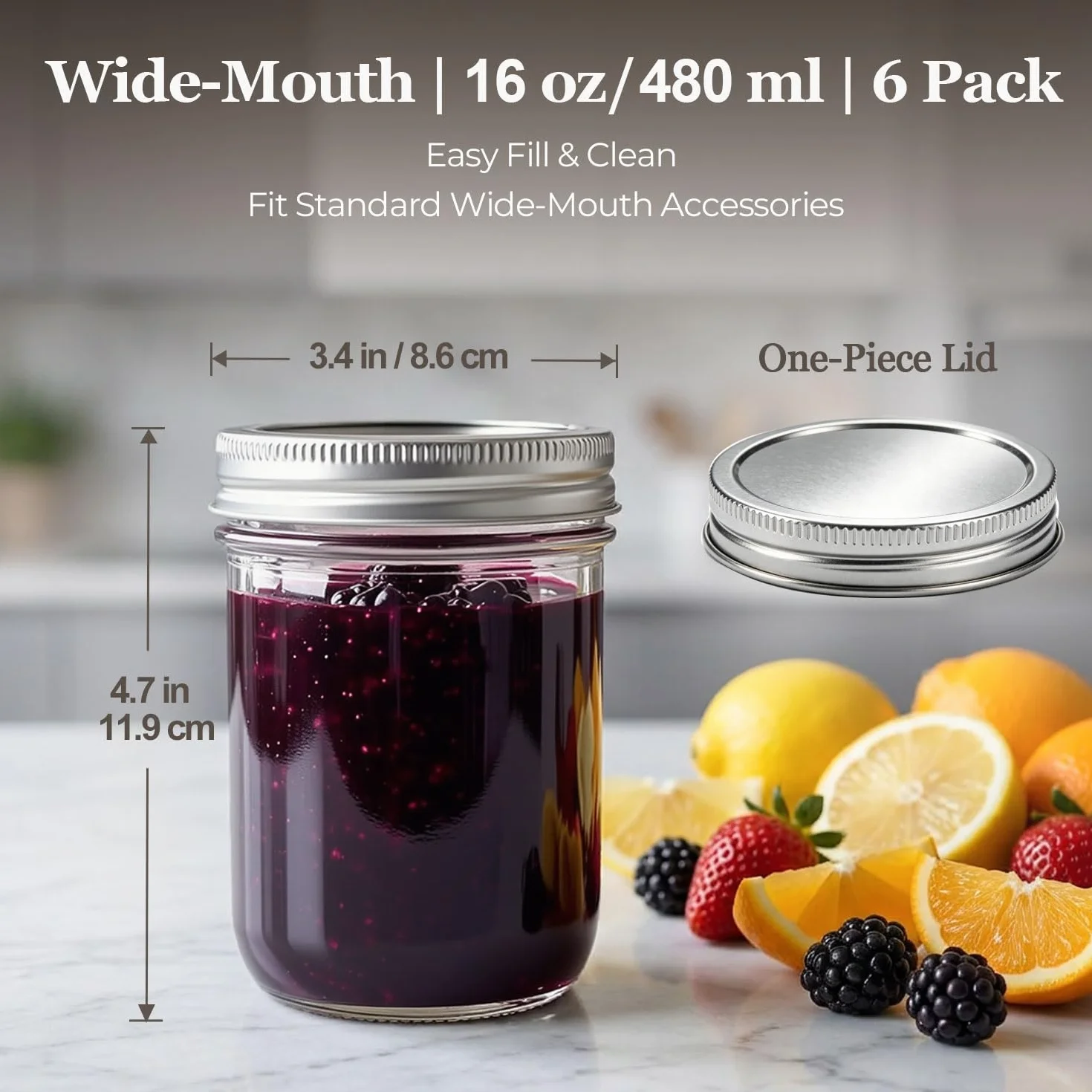 ComSaf Słoik na przetwory, 480 ml, z pokrywką, 6 sztuk, z hermetycznym szkłem fermentacyjnym, dla entuzjastów kucharzy amatorskich, do wkładania, fermentacji, zbóż, marynowania, do przechowywania