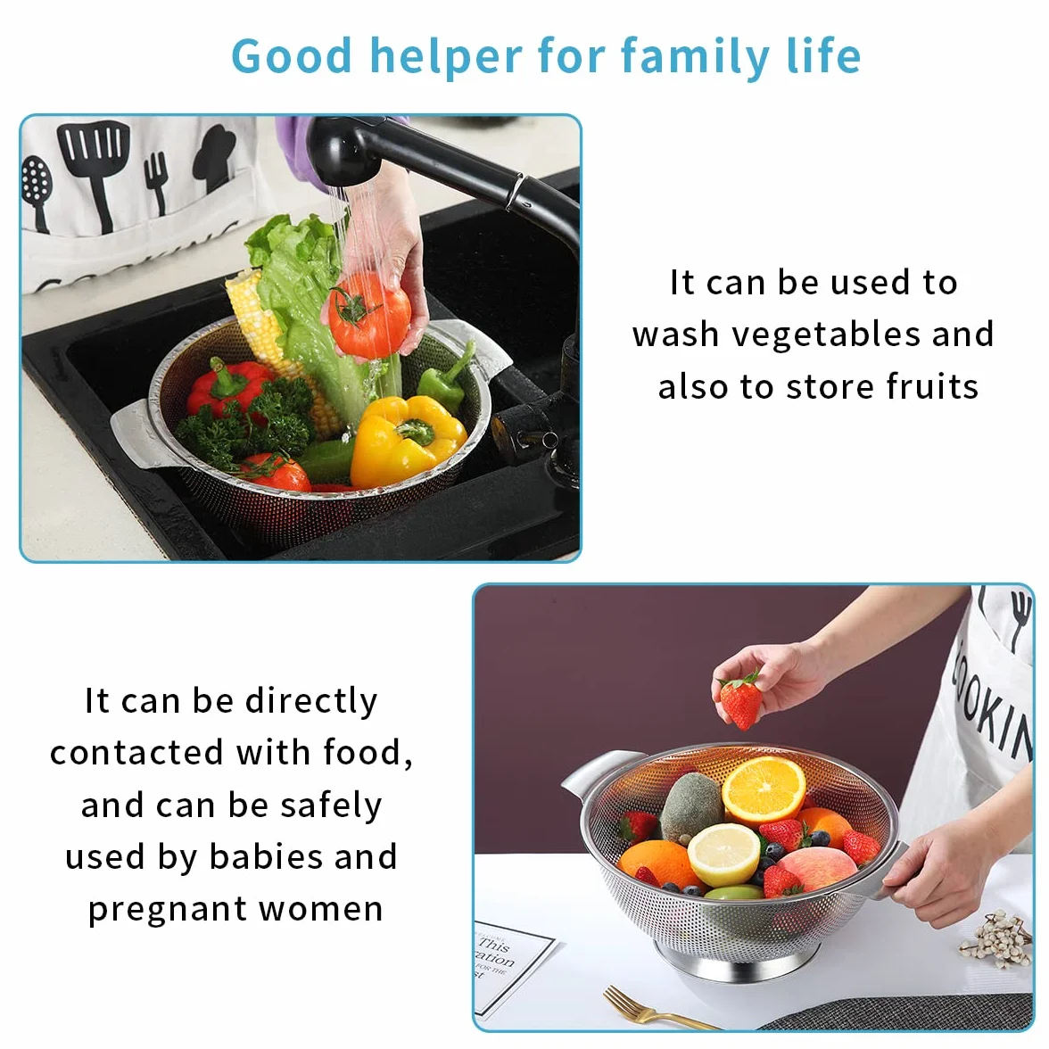 Kyraton Colander ze stali nierdzewnej 5 Quart, profesjonalne sito z ciężkimi uchwytami i samosuszającą solidną podstawą pierścieniową do makaronów, spaghetti, jagody, warzyw, owoców, makaronów, sałatek