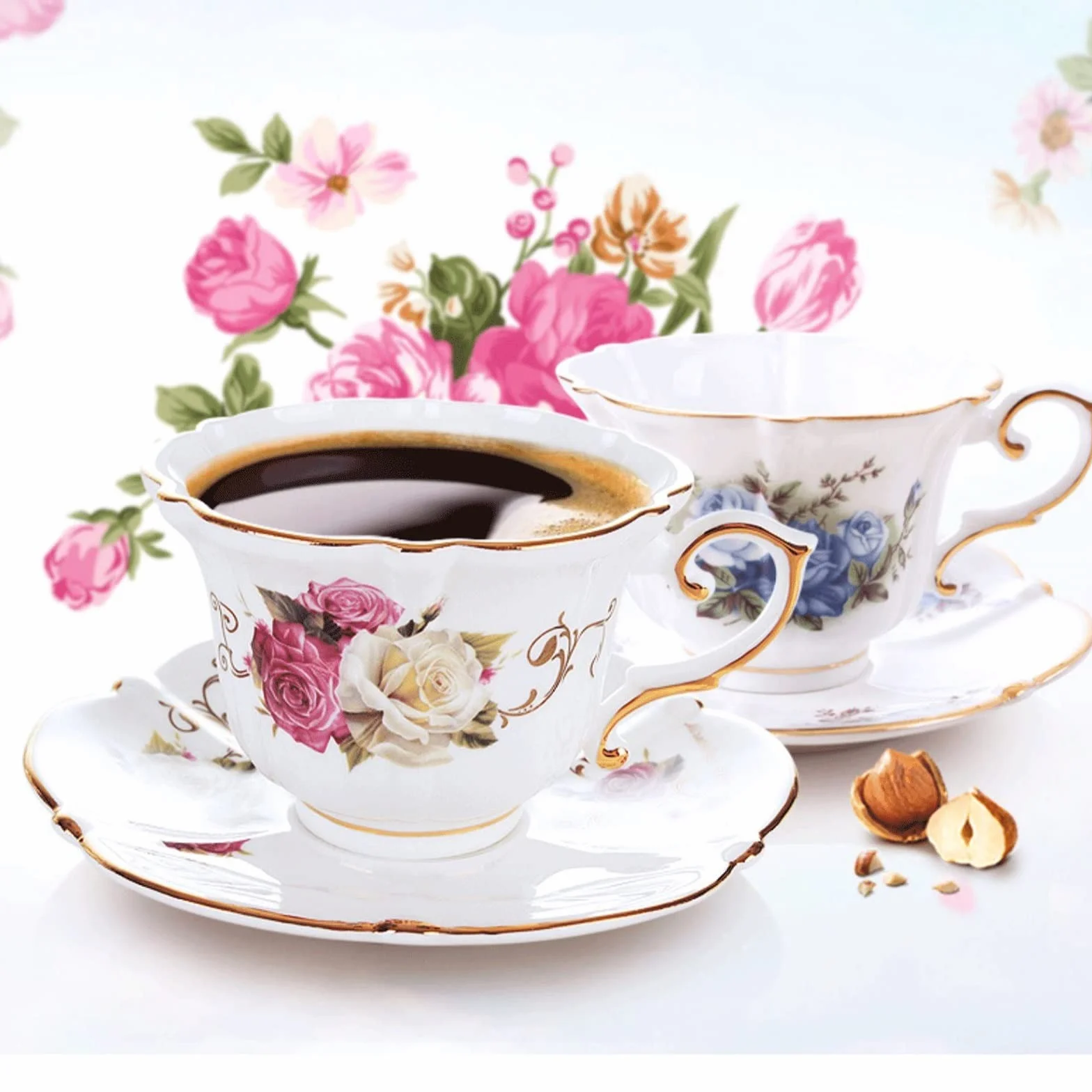 Filiżanka herbaty Popołudniowa herbata Czarna Kubek Ceramiczny zestaw filiżanek do kawy Wykwintny z porcelany kostnej(Pink)