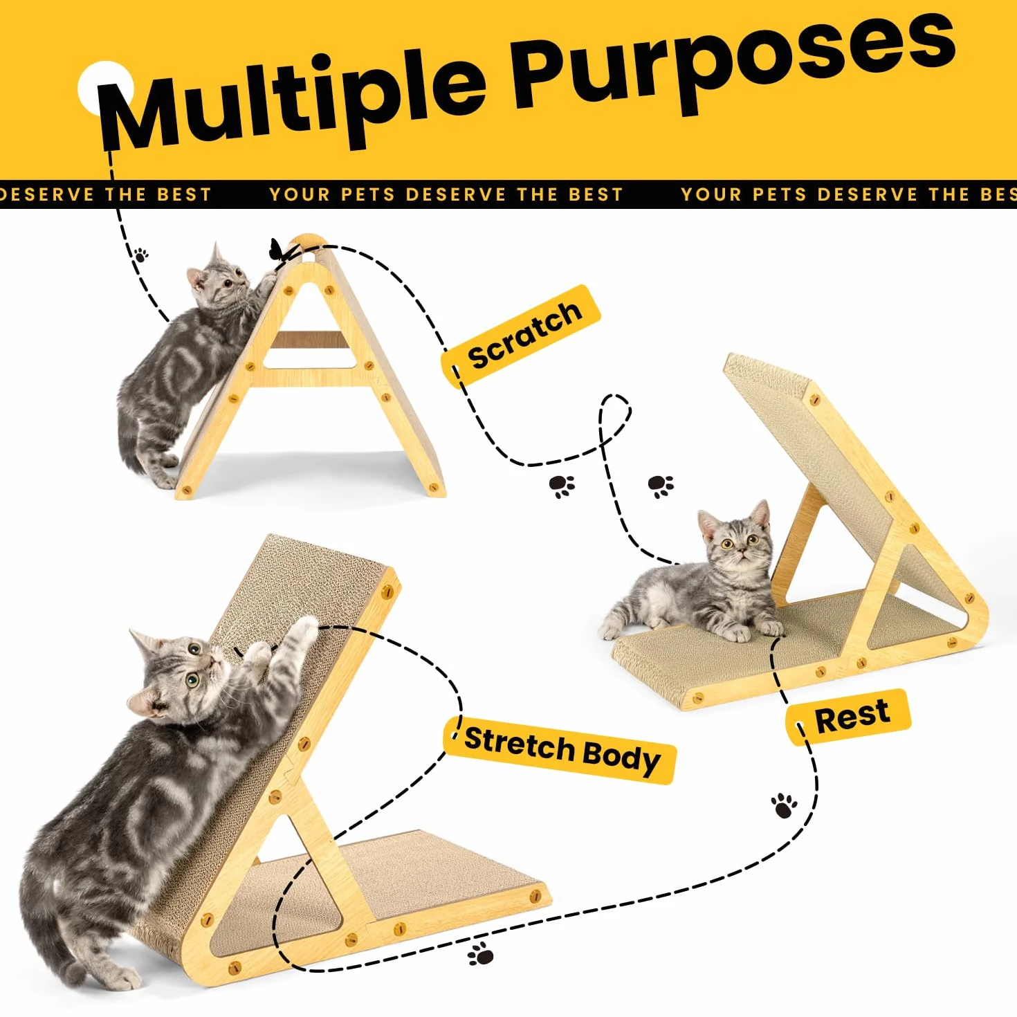 Conlun A-Frame Cat Scratching Board 2w1 Vertical Horizontal Cardboard Scratcher with Wooden Stand for Furniture Protection