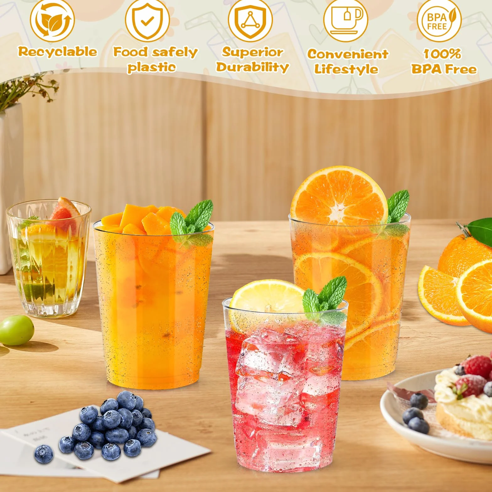 Opakowanie 60 kubków plastikowych, kubki z twardego plastiku 300 ml, kubki imprezowe wielokrotnego użytku, plastikowe kieliszki koktajlowe do piwa i napojów, imprezy, urodziny