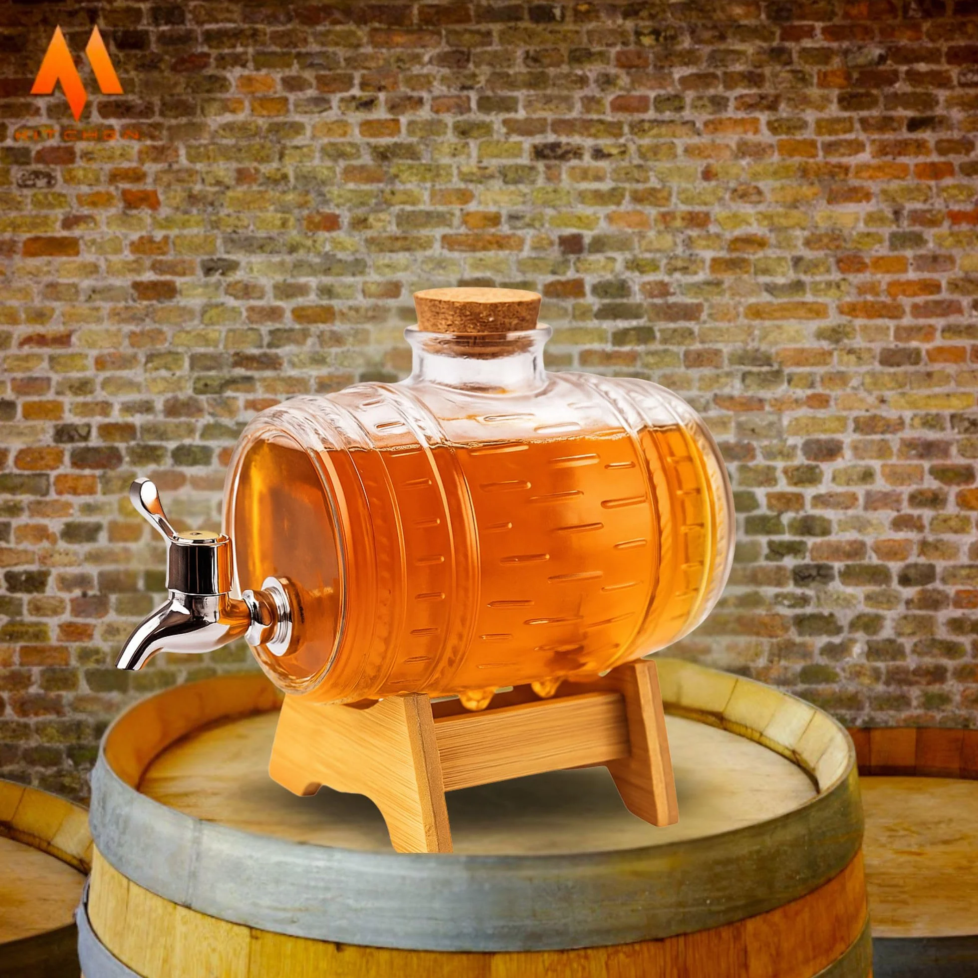 OMAGO® Szklana beczułka z kranikiem 1 L, dozownik napojów w kształcie beczki, karafka do whisky, brandy, wina, soków i lemoniady