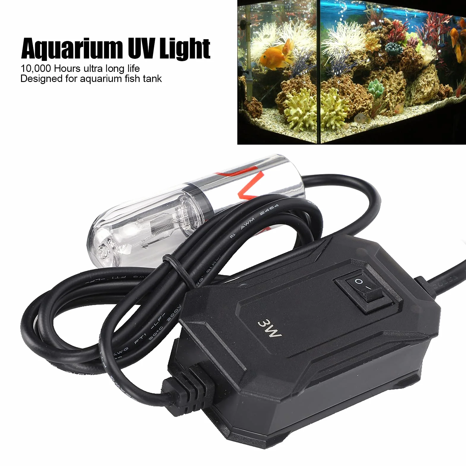 Lampa Aquarium Clean Light 3W Wodoodporna UV Sanitizer Fish Tank Light 10 000 godzin Zatapialne z mocowaniem Przyssawka do czyszczenia glonów
