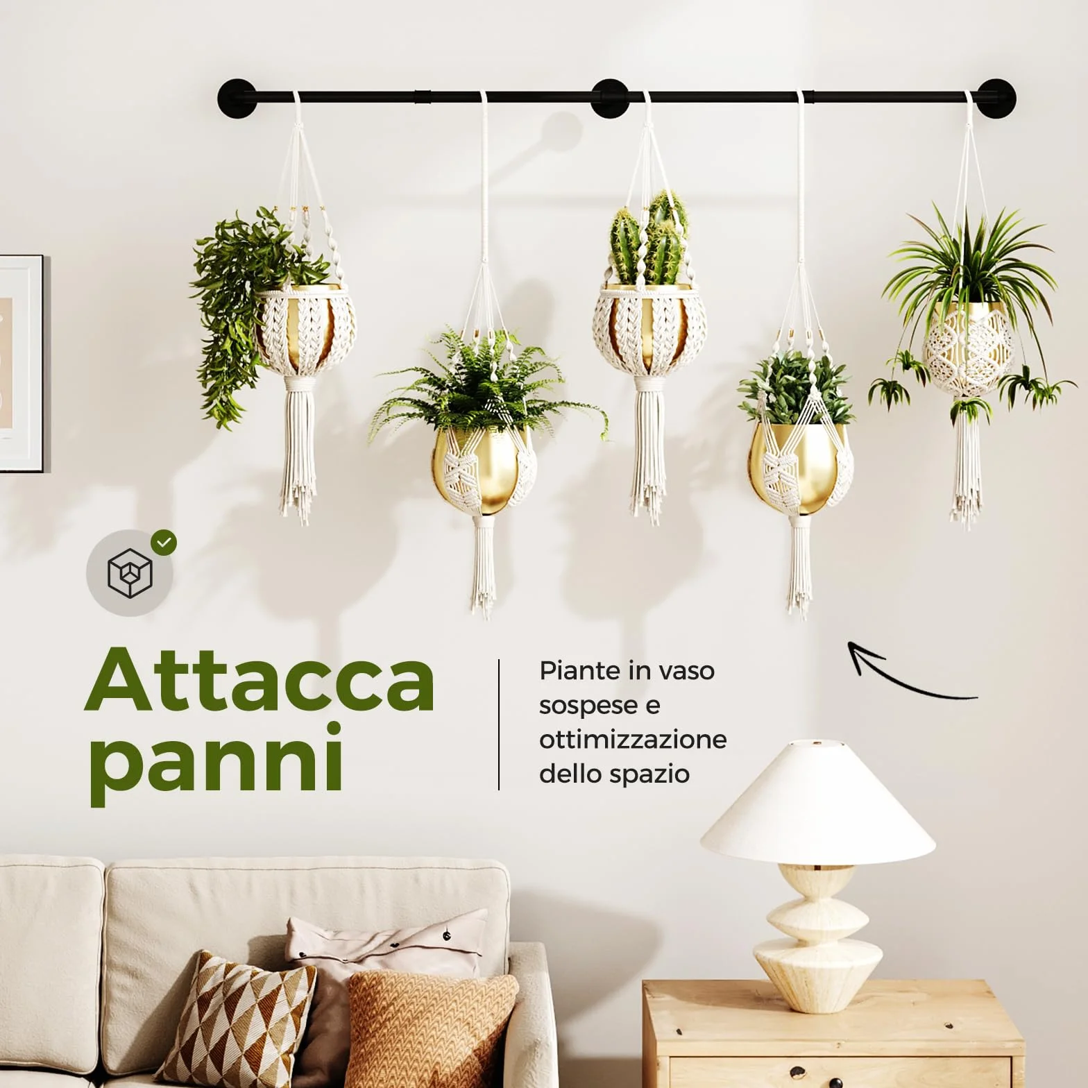 Bamworld Wieszak na rośliny do wewnątrz, 178 cm, wiszący drążek na rośliny, uchwyt na rośliny, metalowy pręt, doniczki nie są dołączone
