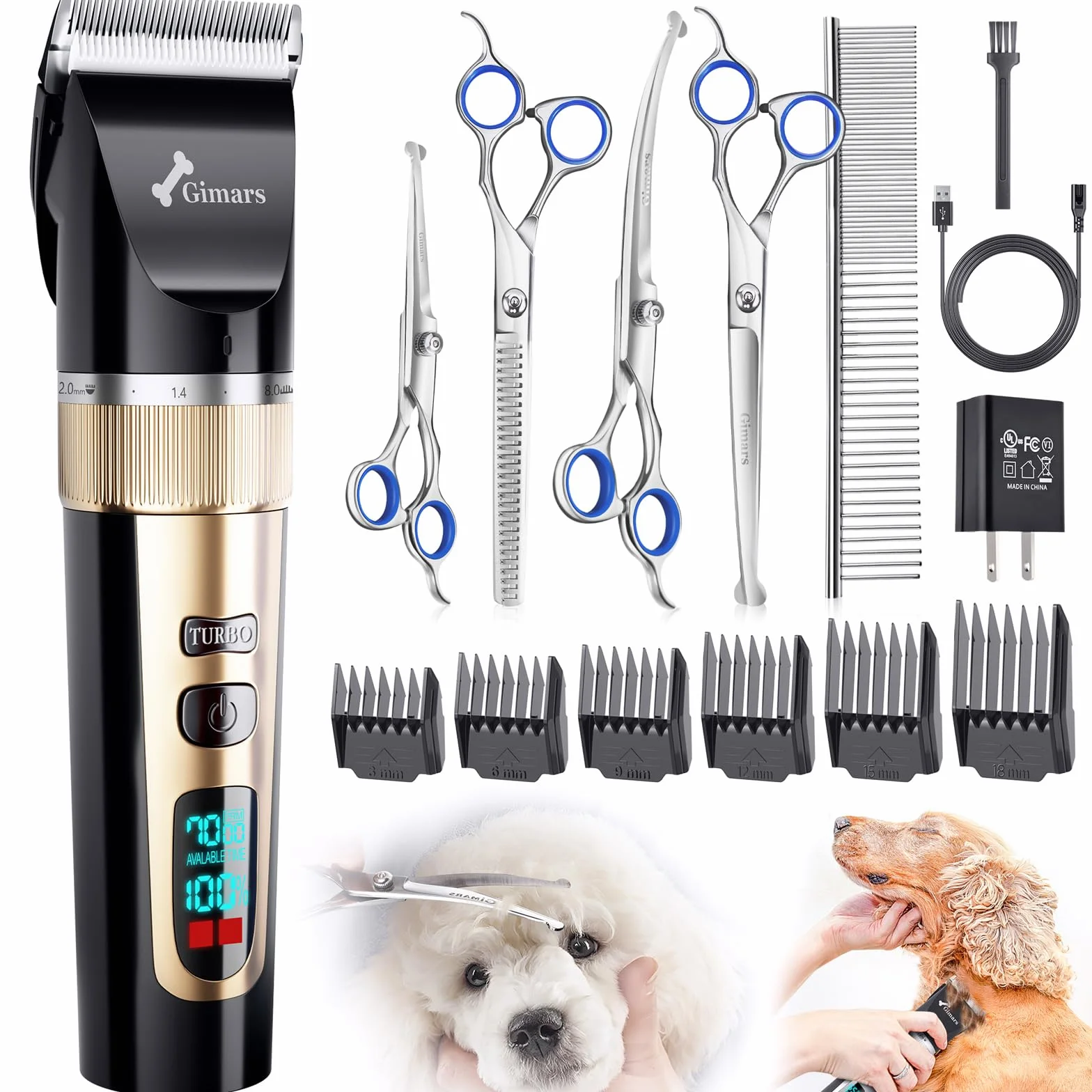 Gimars 6 in 1 Dog Clippers with Stainless Steel Dog Grooming Scissors Kits - Gold