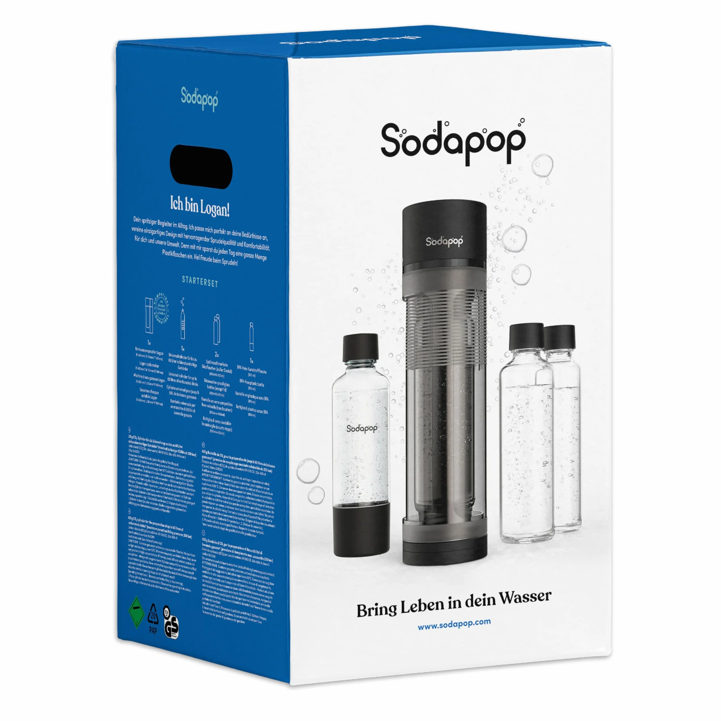Sodapop Saturator Logan zestaw startowy z cylindrem CO2, w zestawie: 2 szklane butelki (850 i 600 ml) i 1 butelka PET (850 ml), matowa czerń, wysokość 42,6 cm