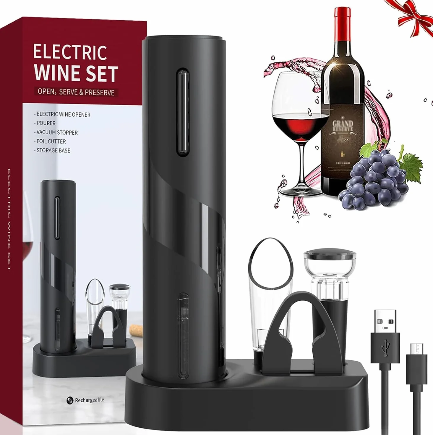 Elektryczny korkociąg do wina, pudełko prezentowe 6 w 1 Elektryczny otwieracz do butelek wina z obcinaczem do folii, korkiem próżniowym i nalewakiem do wina, akumulator USB
