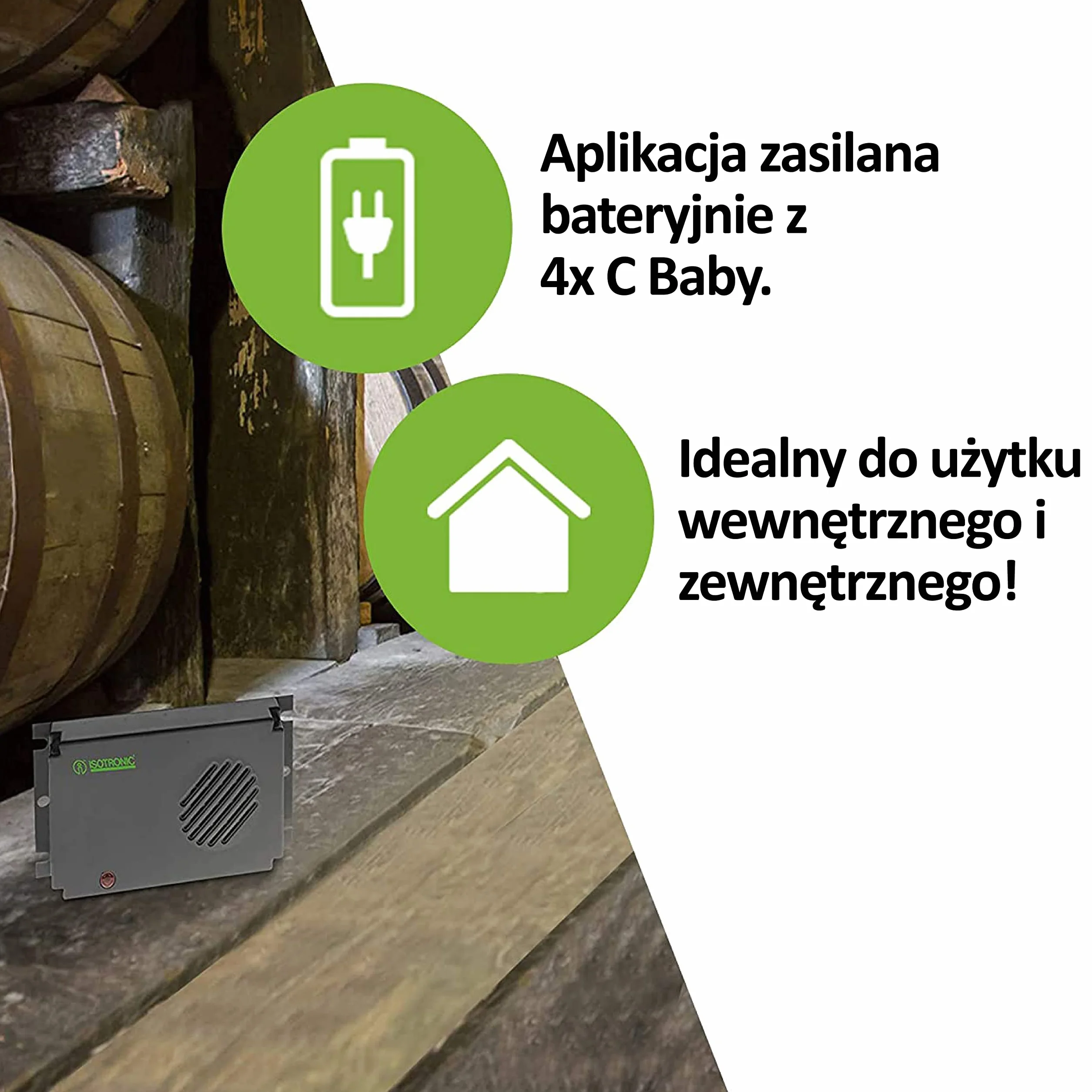 ISOTRONIC – 2-częściowy zestaw ultradźwiękowych odstraszaczy myszy i szczurów | zasilany bateriami odstraszacz myszy do piwnicy, na strychy, garaże itp. | przyjazny dla zwierząt i bezpieczny | obszar