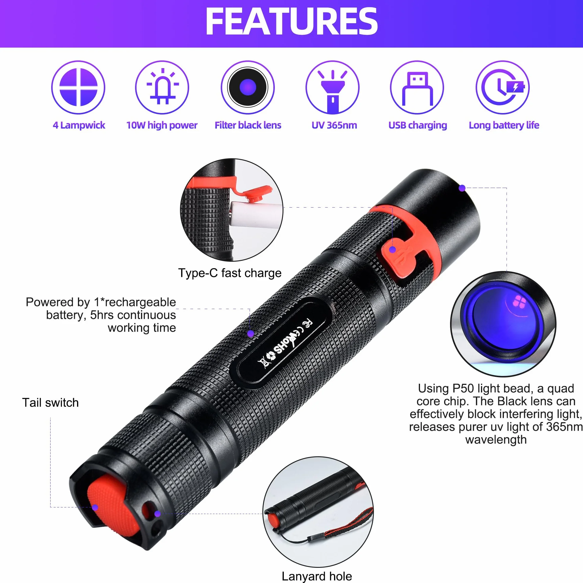 DARKBEAM Latarka UV Filtrowana 365nm Czarne Światło Lampa Wood'a, Ładowana przez USB Czarne Światło, Latarka LED Ultrafioletowa, Potężny Mini Przenośny Detektor do Moczu Zwierząt Domowych, Wykrywania