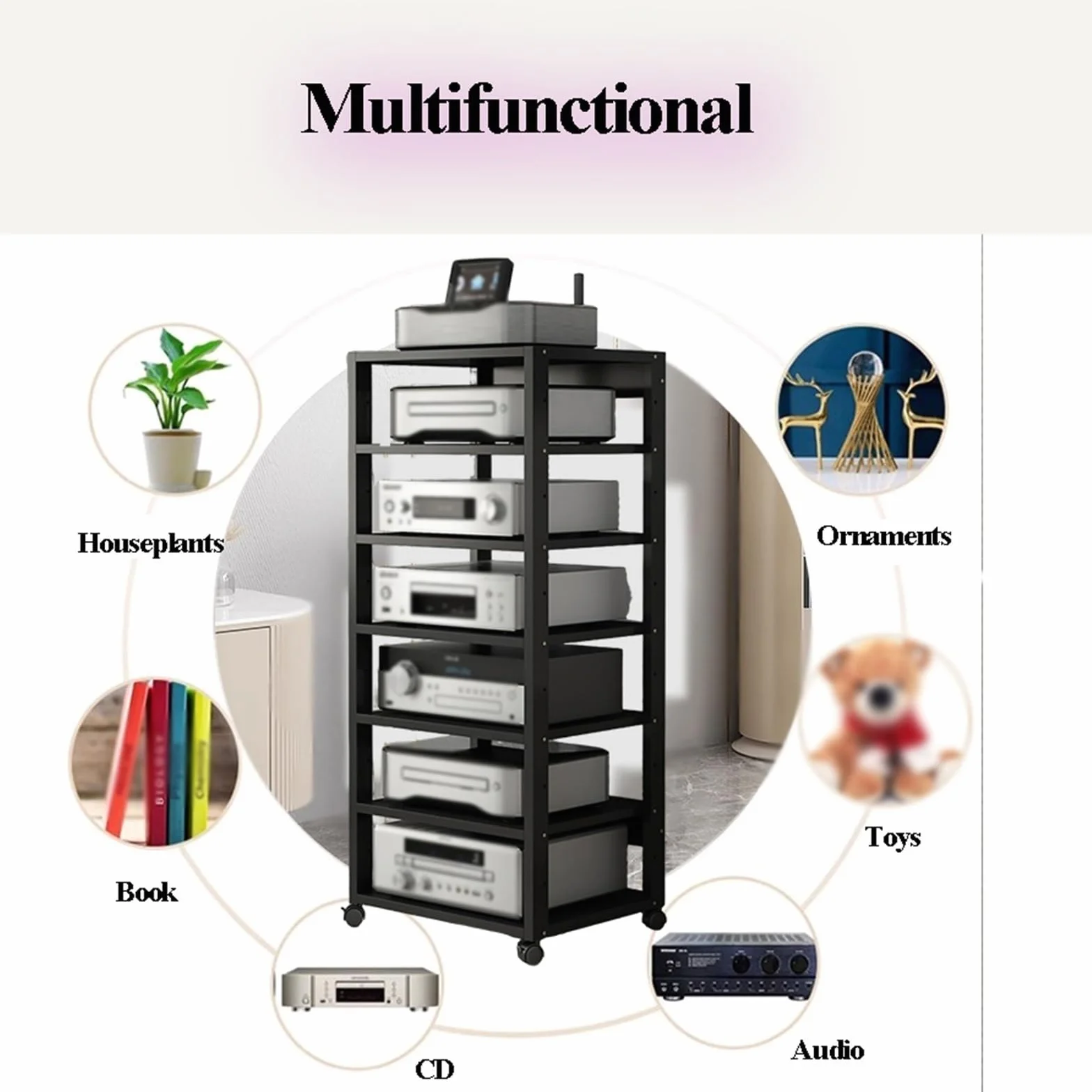 Półka na sprzęt audio HiFi Rack, 7-poziomowy stojak na sprzęt audio, stolik gramofonowy z regulowaną półką, stojak na telewizor, centrum rozrywki do salonu, pokoju zabaw, sypialni(Black)