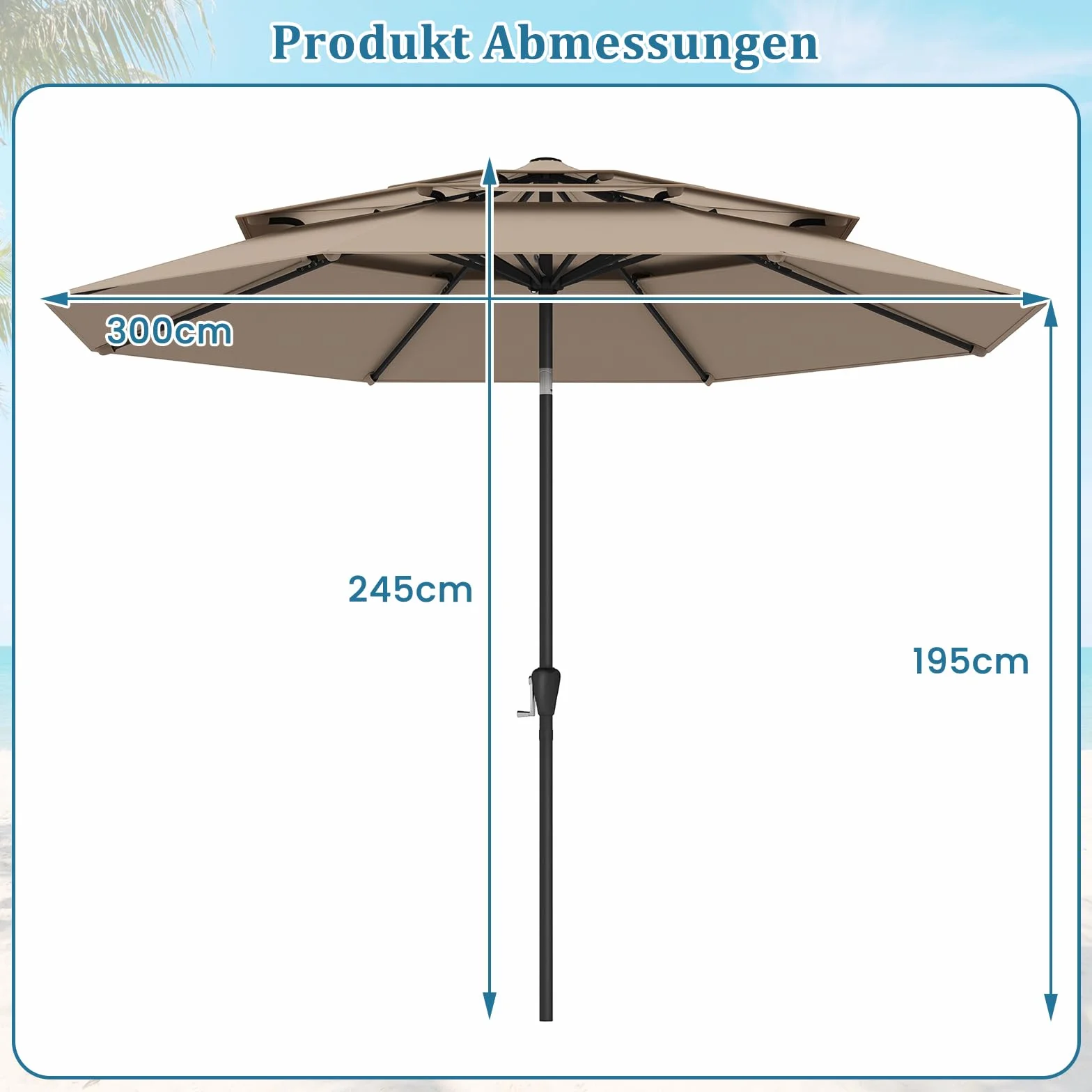 COSTWAY 3-poziomowy parasol przeciwsłoneczny, 300 cm, odporny na wiatr, stabilny, parasol tarasowy z korbą, obustronnie zginany o 30°, parasol balkonowy, wentylowany, do ogrodu, na balkon