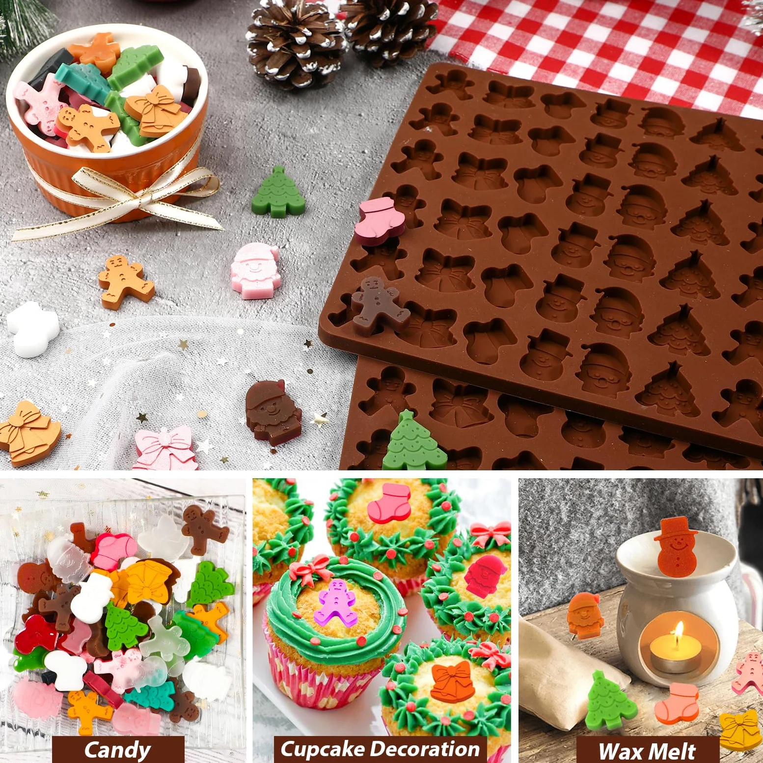 Webake Świąteczne foremki do czekolady, silikonowe formy żelowe, 2 szt., 72 wnęki, mini piernik, forma, choinka, bałwan, Boże Narodzenie, pończocha, dzwonki, formy do żelowych ciasteczek cukierkowych